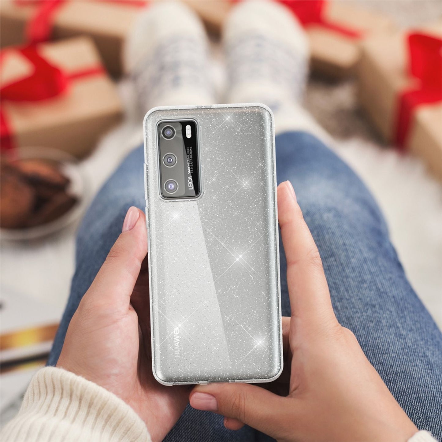 NALIA Glitzerhülle für Huawei P40 – Funkelndes Silikon Case – DAZZLIN (Transparent & Stoßfest) – Marke aus Berlin