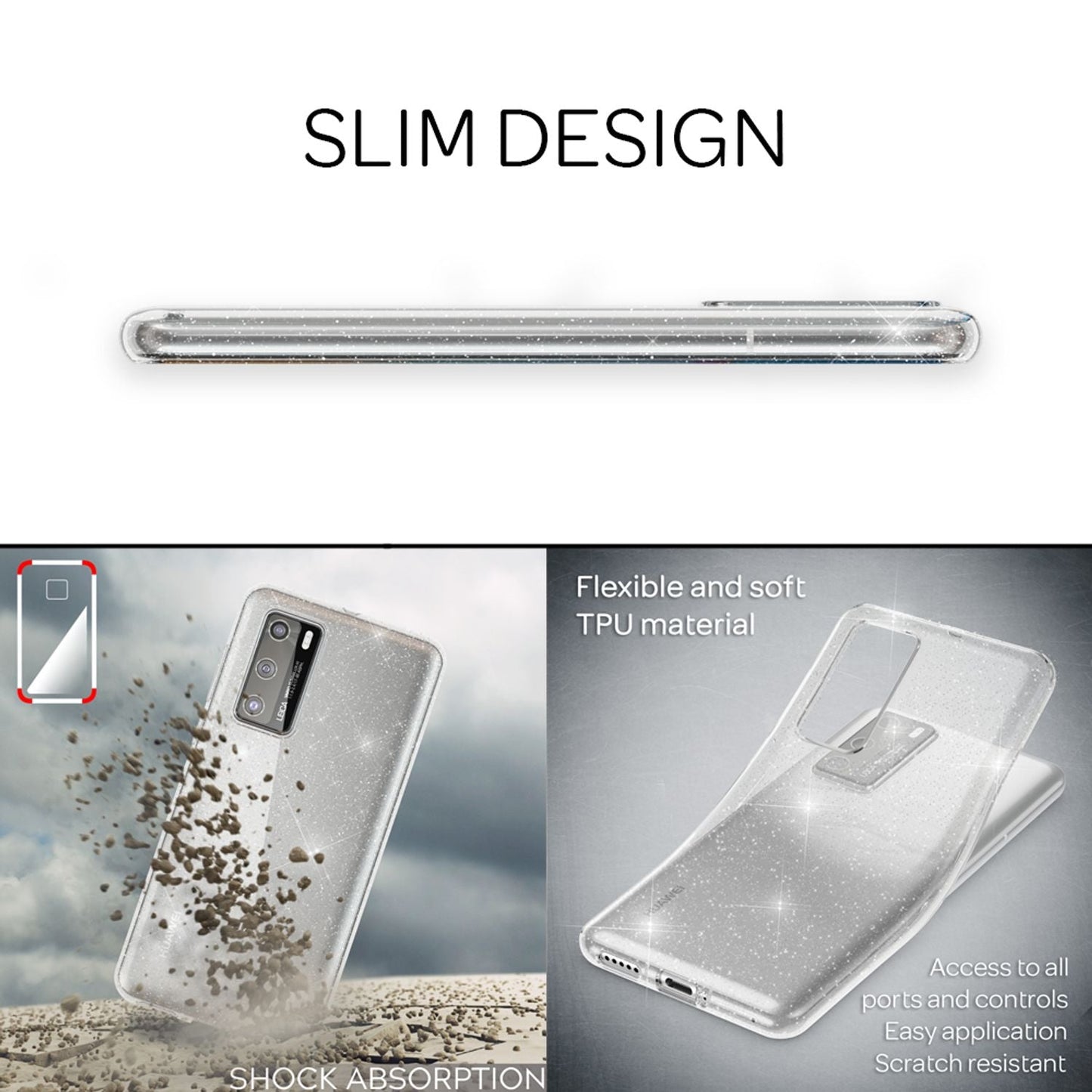 NALIA Glitzerhülle für Huawei P40 – Funkelndes Silikon Case – DAZZLIN (Transparent & Stoßfest) – Marke aus Berlin