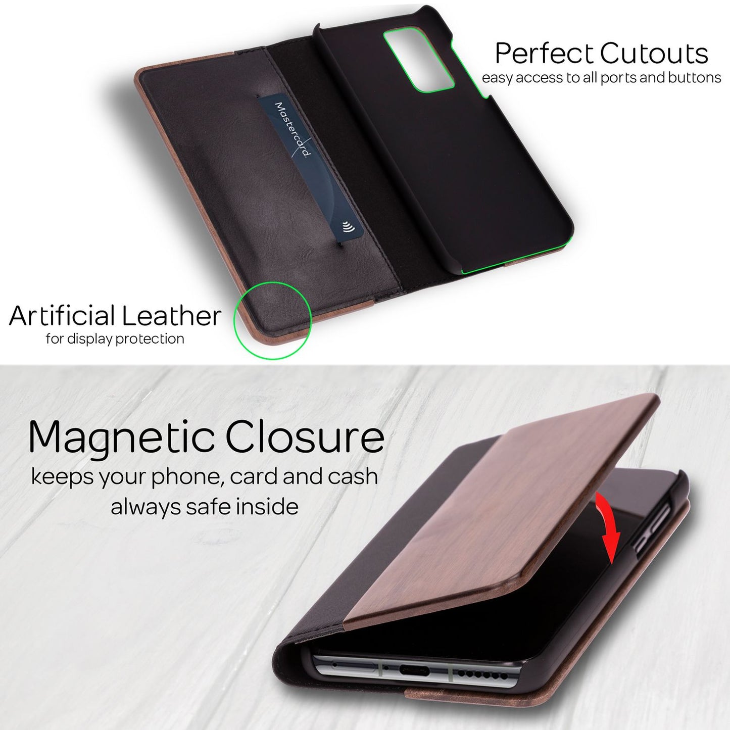 NALIA Echt-Holz Flipcase kompatibel mit Huawei P40 Hülle, Premium Wood Etui Handyhülle mit Klappe, Handy-Tasche Phone Case Cover Schutzhülle Flipcover Klapphülle Rundum Schutz Bumper Wallet - Walnuss