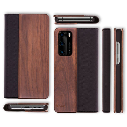 NALIA Echt-Holz Flipcase kompatibel mit Huawei P40 Hülle, Premium Wood Etui Handyhülle mit Klappe, Handy-Tasche Phone Case Cover Schutzhülle Flipcover Klapphülle Rundum Schutz Bumper Wallet - Walnuss