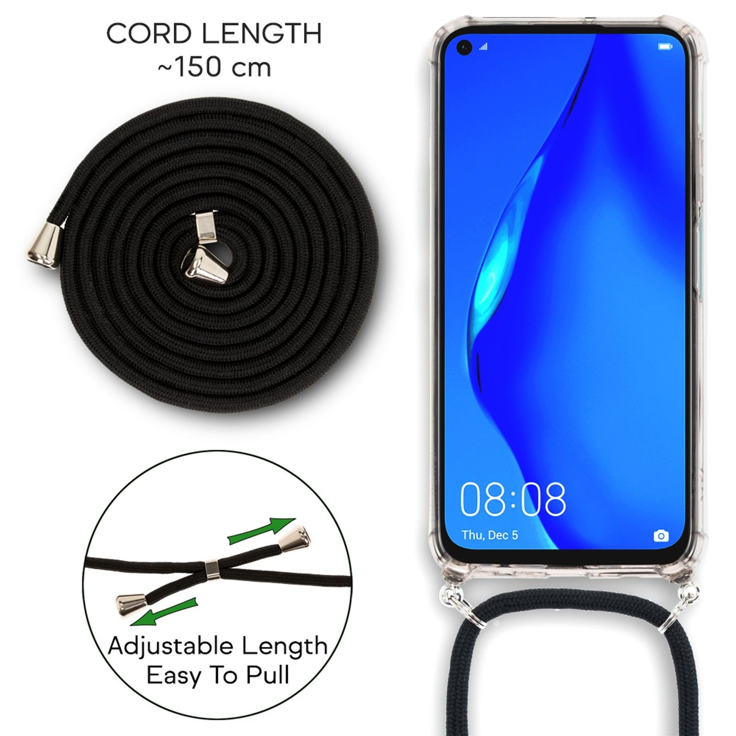 NALIA Handykette für Huawei P40 Lite – Transparentes Hybrid-Case & Band – HANGIT (Anti-Gelb Rückseite & Verstellbar) – Marke aus Berlin