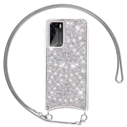 NALIA Glitzer Case mit Kette kompatibel mit Huawei P40 Hülle, Diamant Schutzhülle & Umhänge-Band, Slim Necklace Pailletten Cover Strass Handy-Tasche, Glänzende Silikon Handyhülle