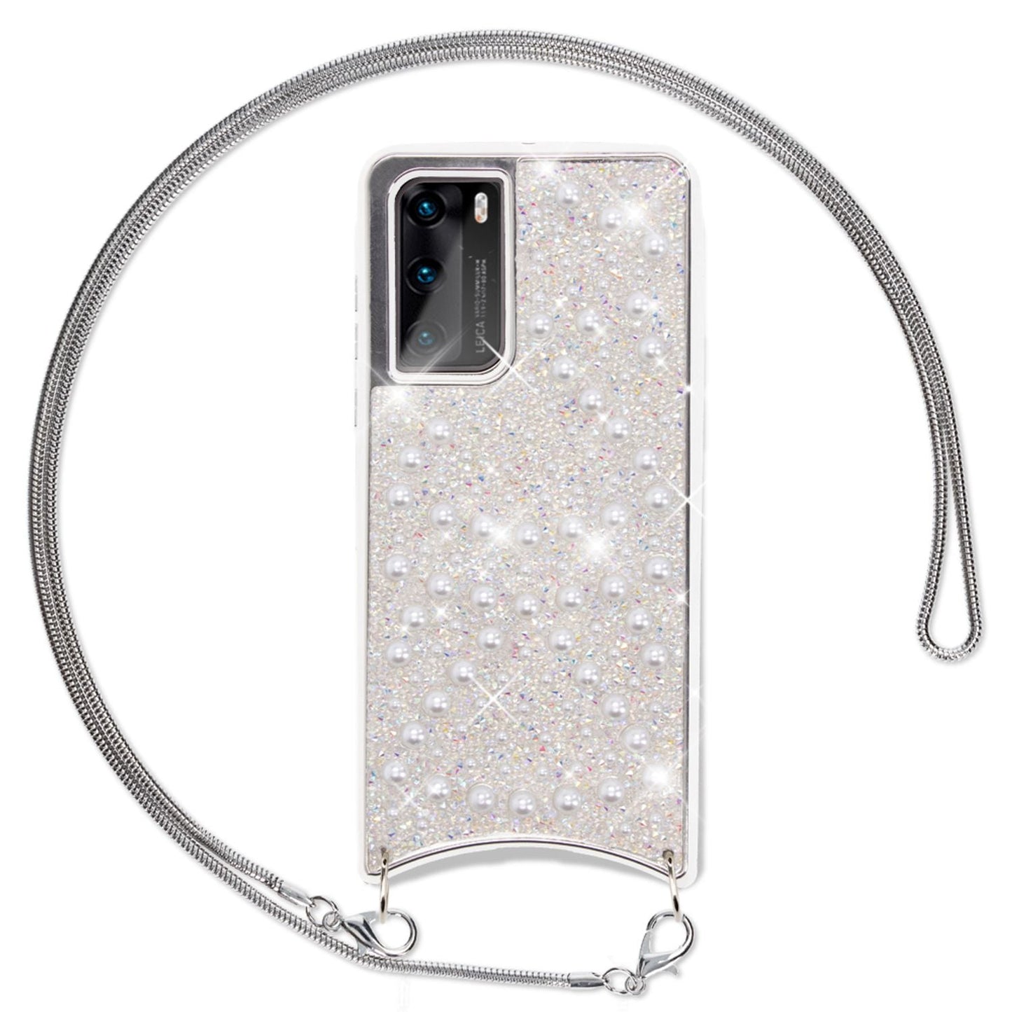 NALIA Glitzer Case mit Kette kompatibel mit Huawei P40 Hülle, Diamant Schutzhülle & Umhänge-Band, Slim Necklace Pailletten Cover Strass Handy-Tasche, Glänzende Silikon Handyhülle