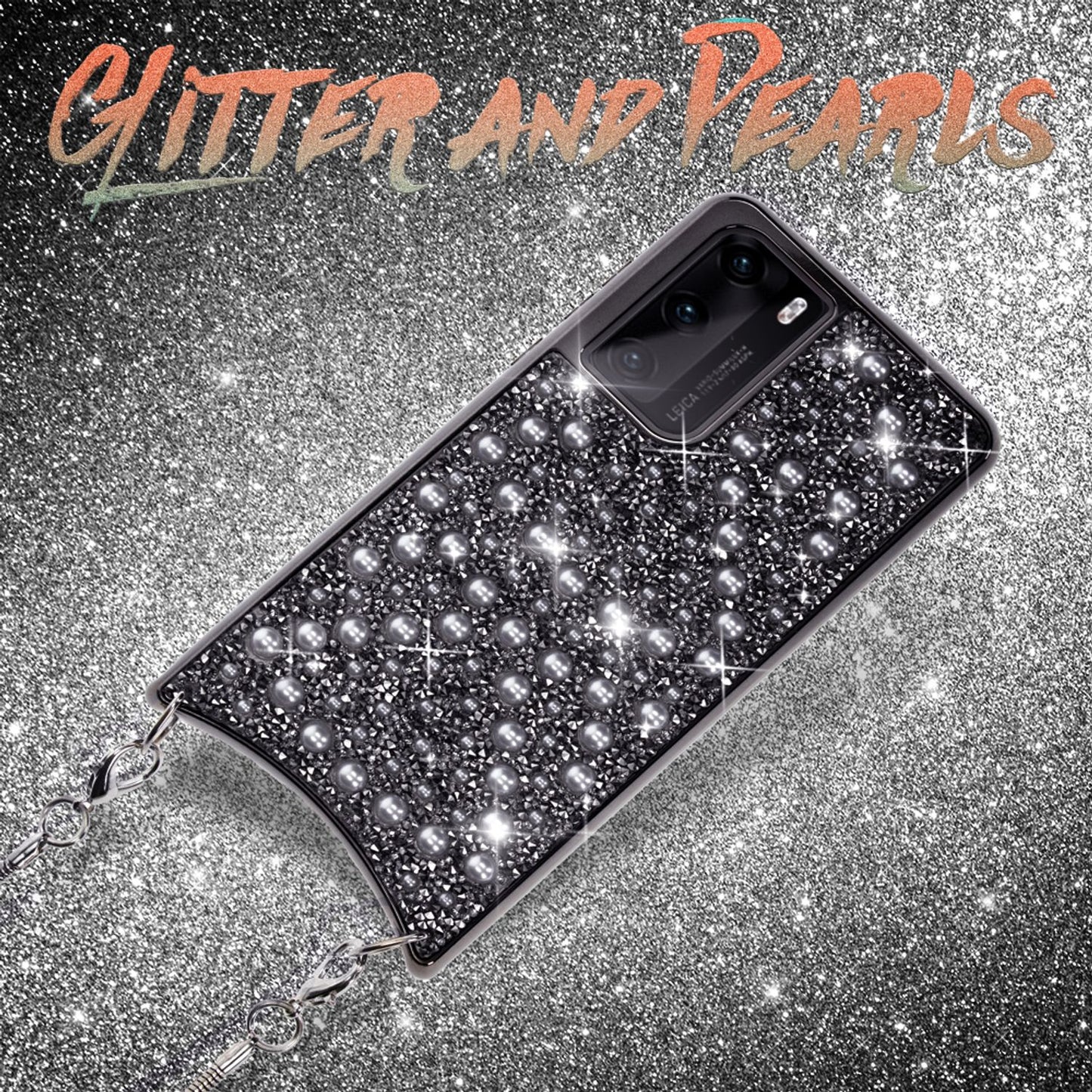 NALIA Glitzer Case mit Kette kompatibel mit Huawei P40 Hülle, Diamant Schutzhülle & Umhänge-Band, Slim Necklace Pailletten Cover Strass Handy-Tasche, Glänzende Silikon Handyhülle