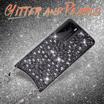 NALIA Glitzer Case mit Kette kompatibel mit Huawei P40 Hülle, Diamant Schutzhülle & Umhänge-Band, Slim Necklace Pailletten Cover Strass Handy-Tasche, Glänzende Silikon Handyhülle
