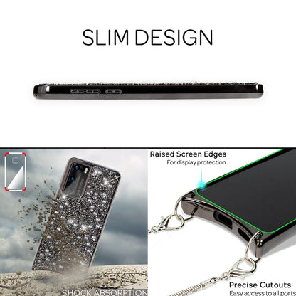 NALIA Glitzer Case mit Kette kompatibel mit Huawei P40 Hülle, Diamant Schutzhülle & Umhänge-Band, Slim Necklace Pailletten Cover Strass Handy-Tasche, Glänzende Silikon Handyhülle