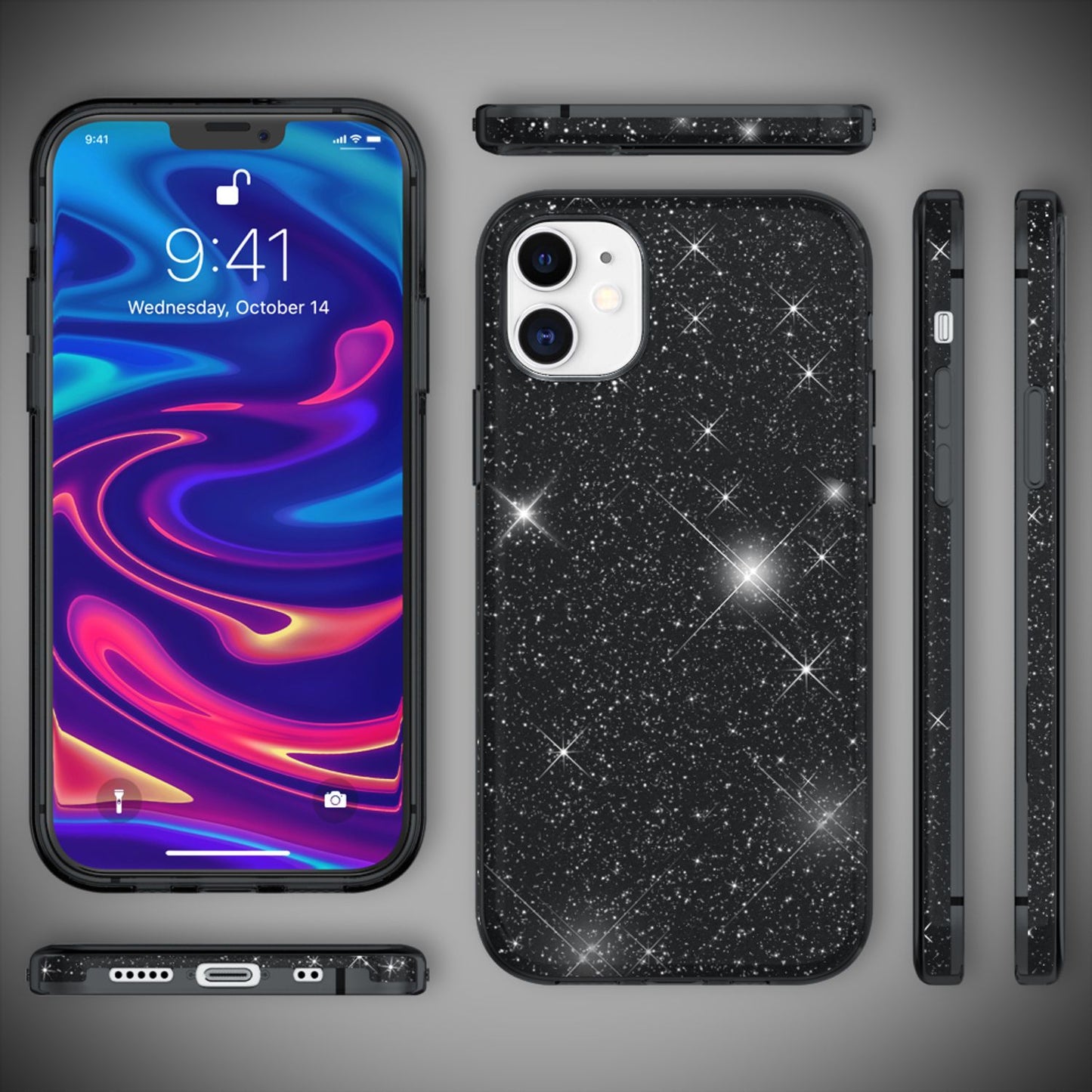 NALIA Glitzerhülle für iPhone 12 Mini – Funkelnder Glitzer-Look & Grip – SHINEPOP (Silikon Case) – Marke aus Berlin