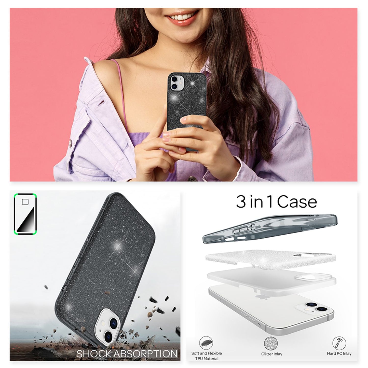 NALIA Glitzerhülle für iPhone 12 / 12 Pro – Funkelnder Glitzer-Look & Grip – SHINEPOP (Silikon Case) – Marke aus Berlin