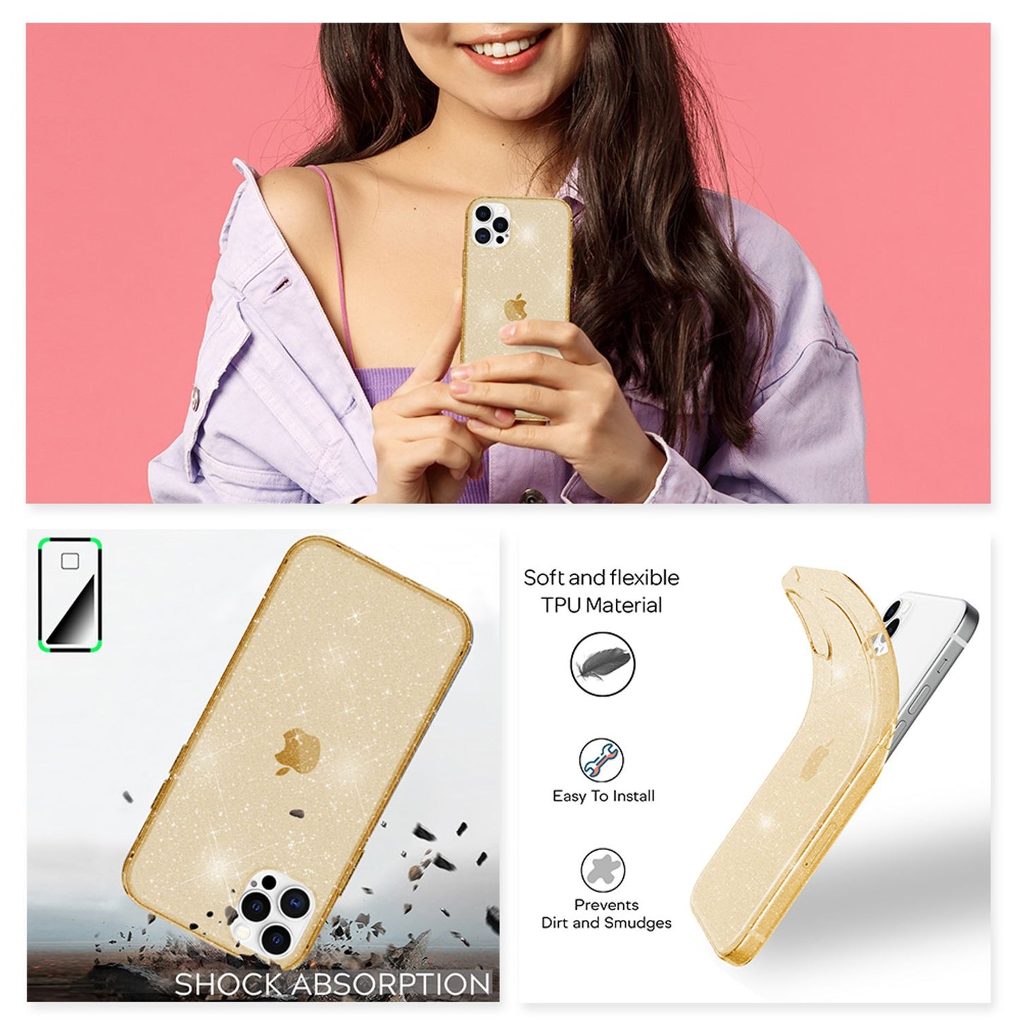NALIA Glitzerhülle für iPhone 12 Pro Max – Funkelndes Silikon Case – DAZZLIN (Transparent & Stoßfest) – Marke aus Berlin