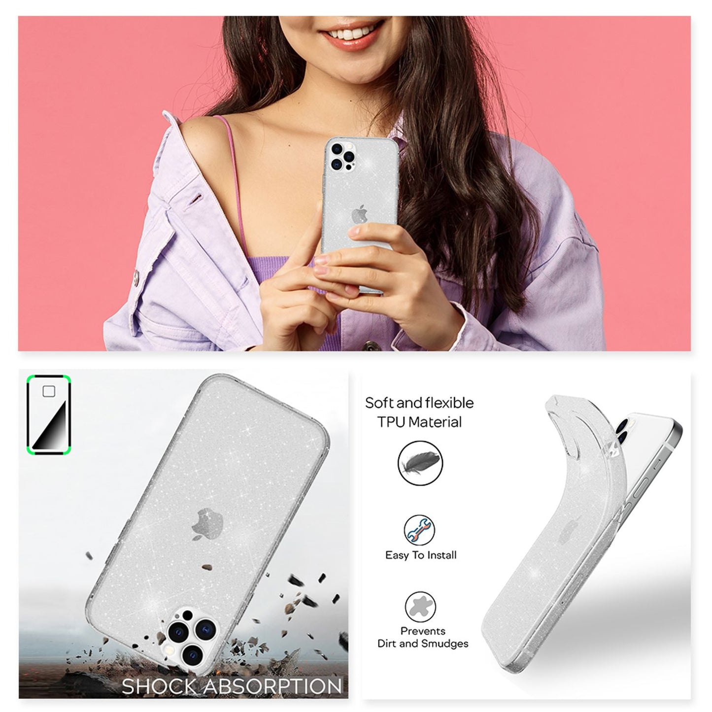 NALIA Glitzerhülle für iPhone 12 Pro Max – Funkelndes Silikon Case – DAZZLIN (Transparent & Stoßfest) – Marke aus Berlin
