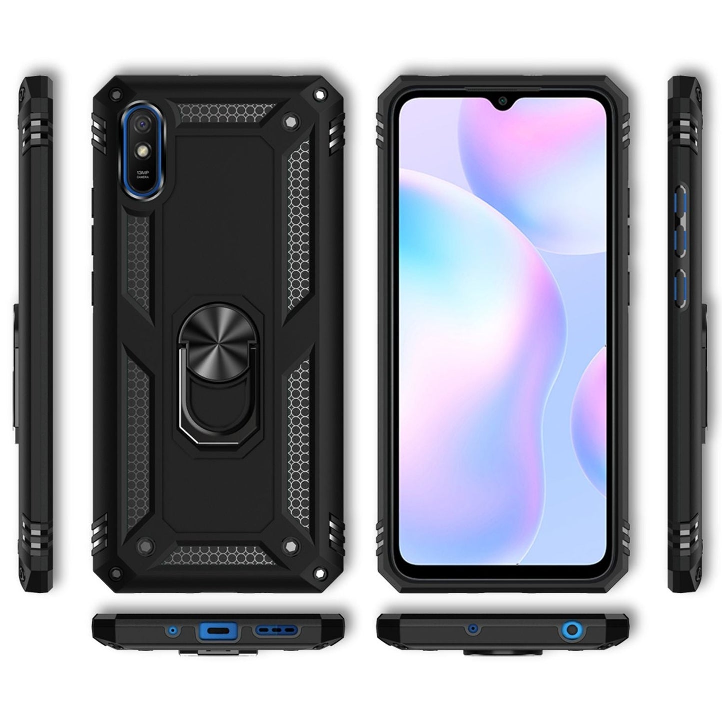 NALIA Panzerhülle für Xiaomi Redmi 9A – Ring-Ständer 360° & Magnet-Halterung Kompatibel – RINGDEFEND (Stoßfestes Outdoor Case) – Marke aus Berlin