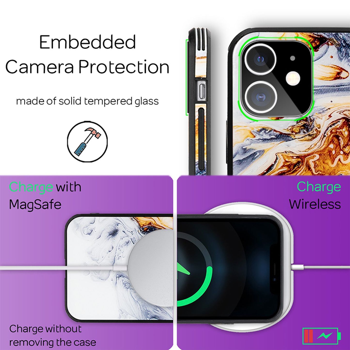 NALIA Hartglas Cover kompatibel mit iPhone 12 Mini Hülle, Marmor Design Hard-Case aus 9H Tempered Glass & Silikon Bumper, Robuste Handyhülle Phone Schutzhülle Handy-Tasche