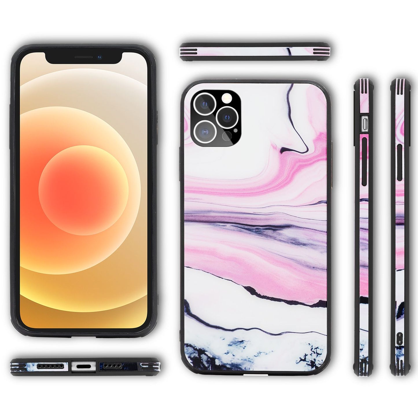 NALIA Marmor Glas Case für iPhone 12 Pro Max – Robustes 9H Echtglas – MARBELLE (Silikon Bumper & Grip) – Marke aus Berlin