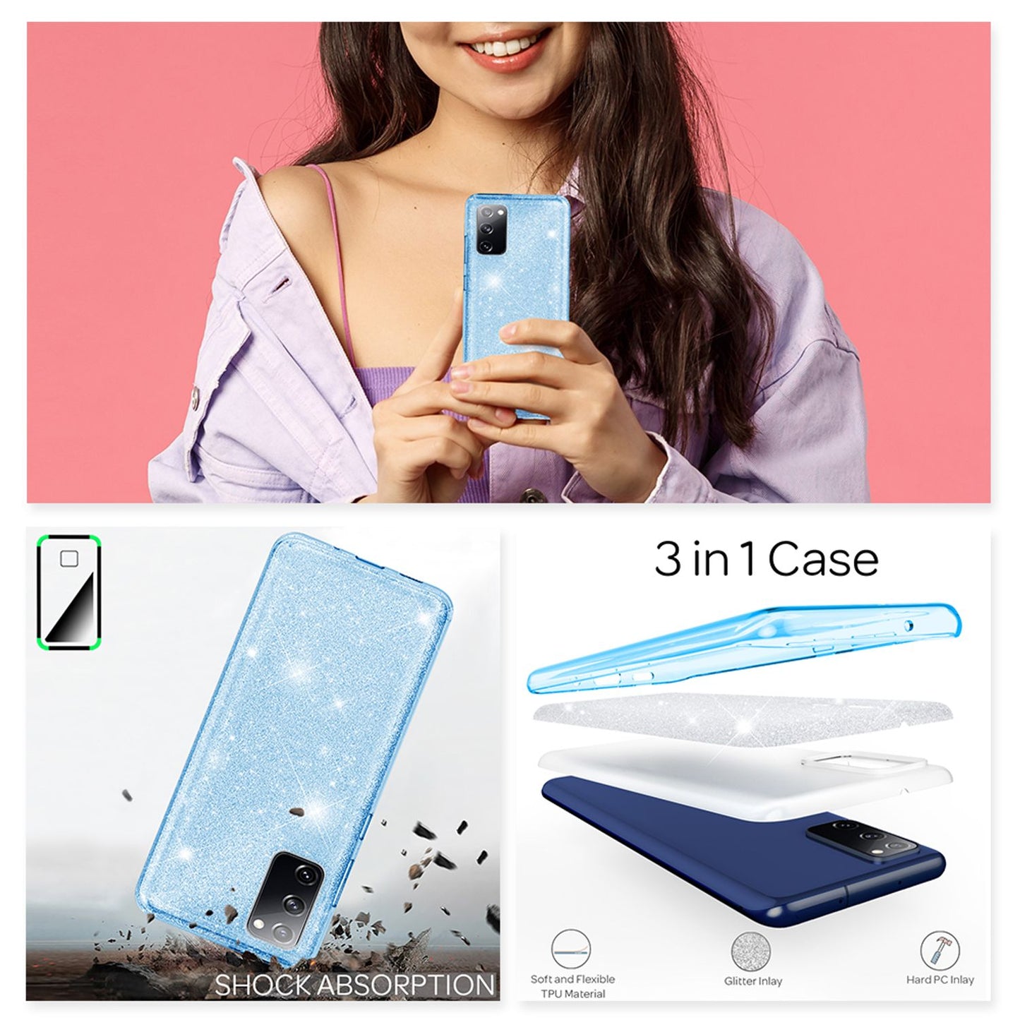 NALIA Glitzerhülle für Samsung Galaxy S20 FE – Funkelnder Glitzer-Look & Grip – SHINEPOP (Silikon Case) – Marke aus Berlin