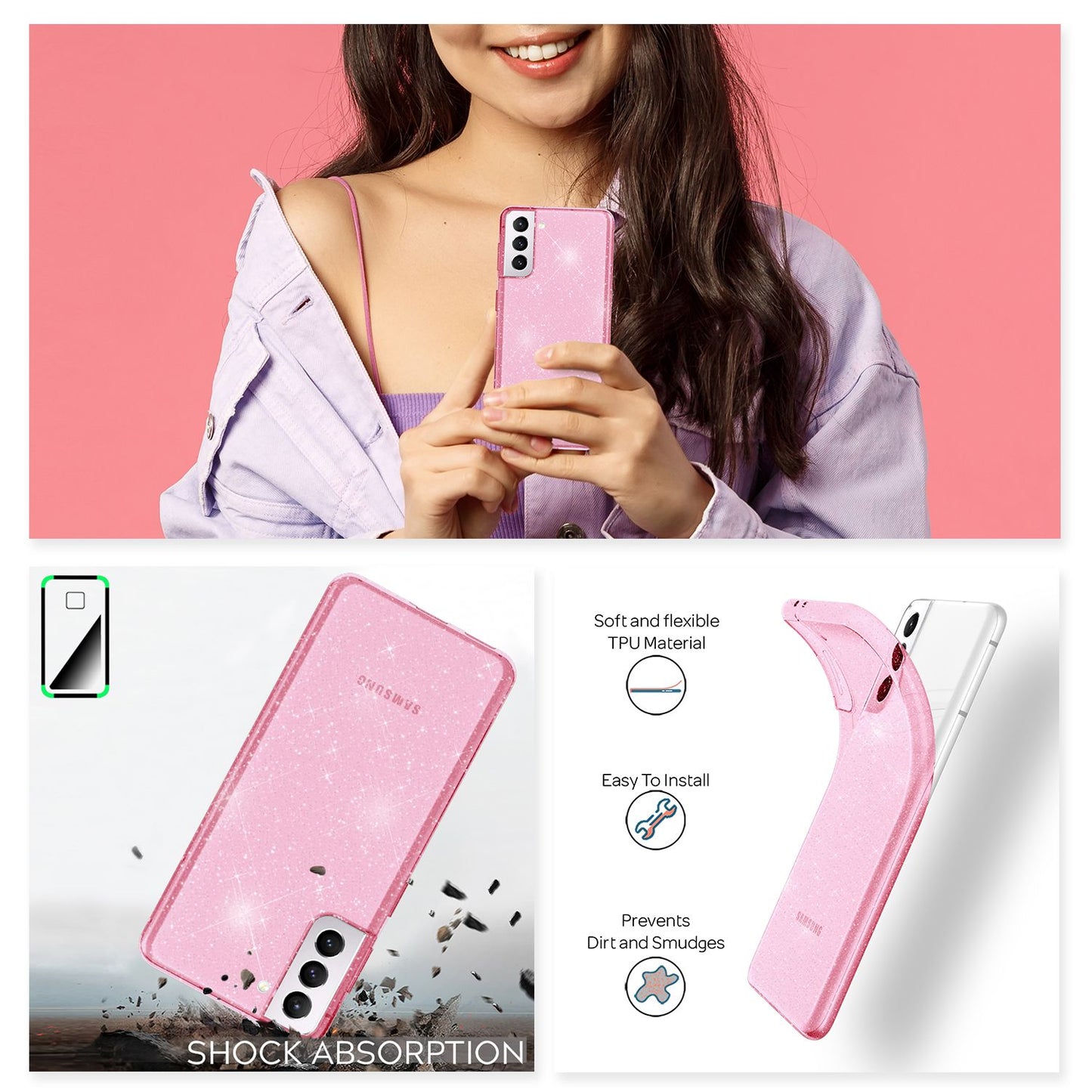 NALIA Glitzerhülle für Samsung Galaxy S21 – Funkelndes Silikon Case – DAZZLIN (Transparent & Stoßfest) – Marke aus Berlin