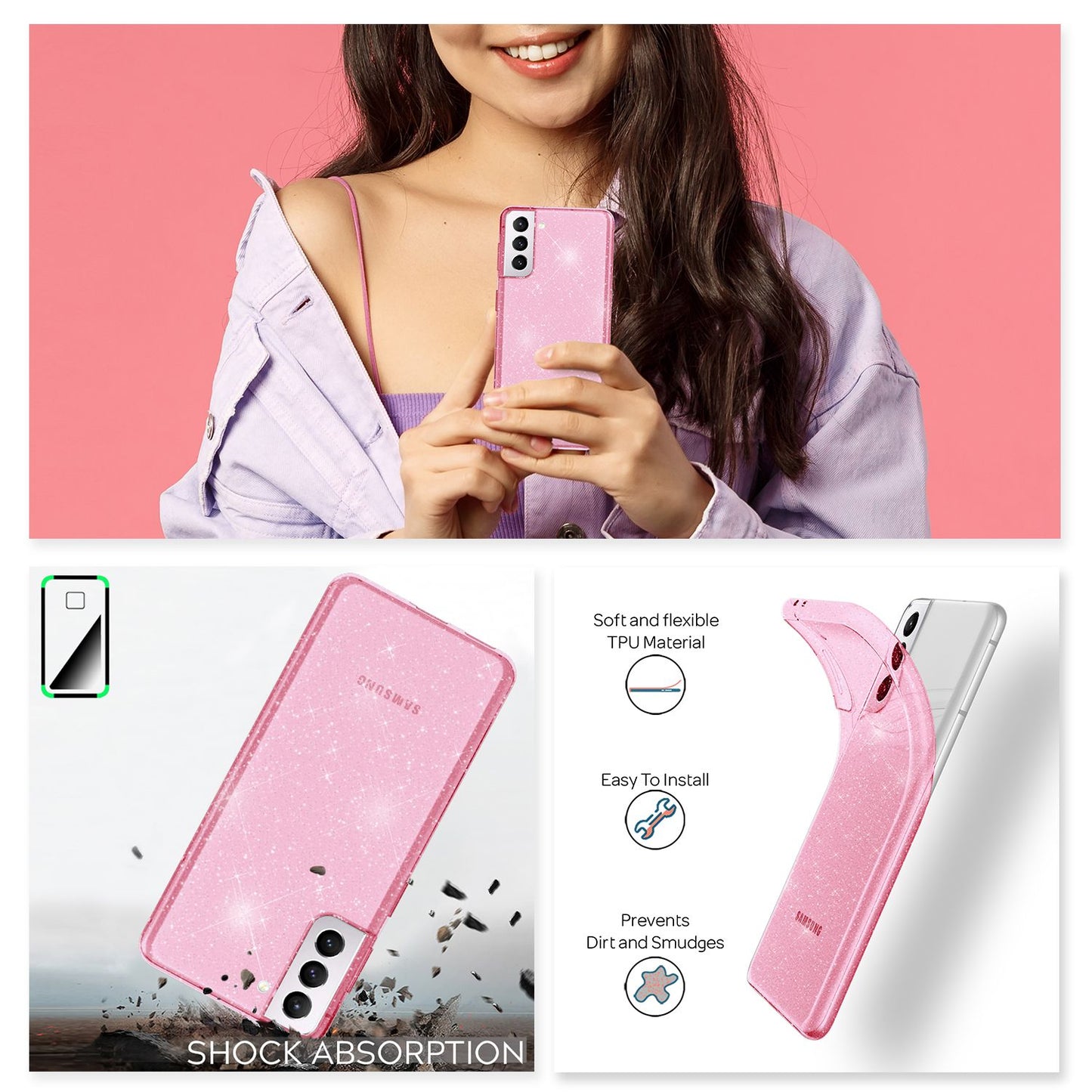 NALIA Glitzerhülle für Samsung Galaxy S21 Plus – Funkelndes Silikon Case – DAZZLIN (Transparent & Stoßfest) – Marke aus Berlin