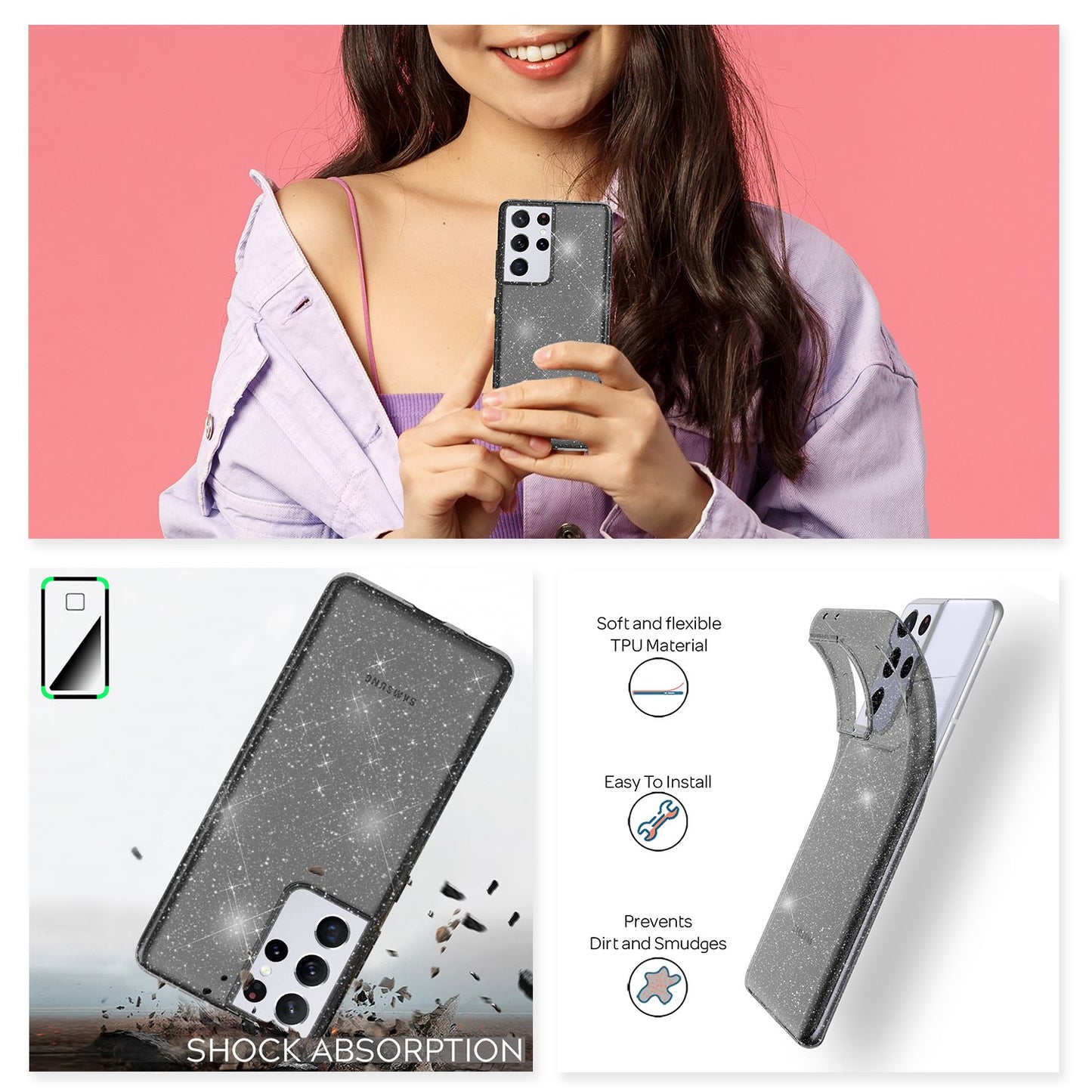 NALIA Glitzerhülle für Samsung Galaxy S21 Ultra – Funkelndes Silikon Case – DAZZLIN (Transparent & Stoßfest) – Marke aus Berlin