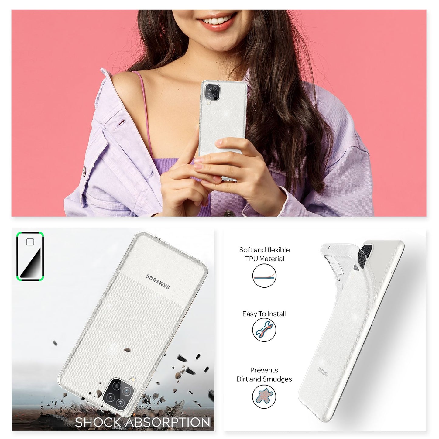 NALIA Glitzerhülle für Samsung Galaxy A12 – Funkelndes Silikon Case – DAZZLIN (Transparent & Stoßfest) – Marke aus Berlin