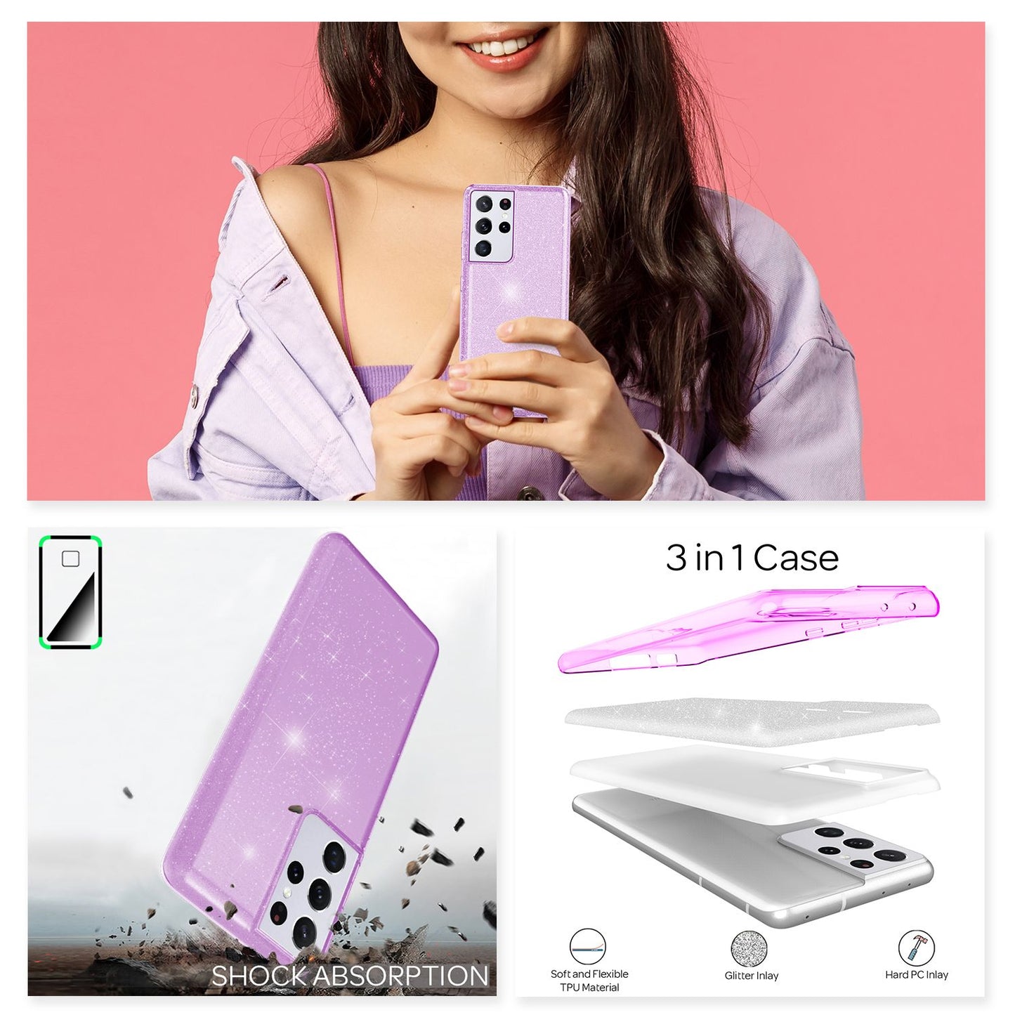 NALIA Glitzerhülle für Samsung Galaxy S21 Ultra – Funkelnder Glitzer-Look & Grip – SHINEPOP (Silikon Case) – Marke aus Berlin