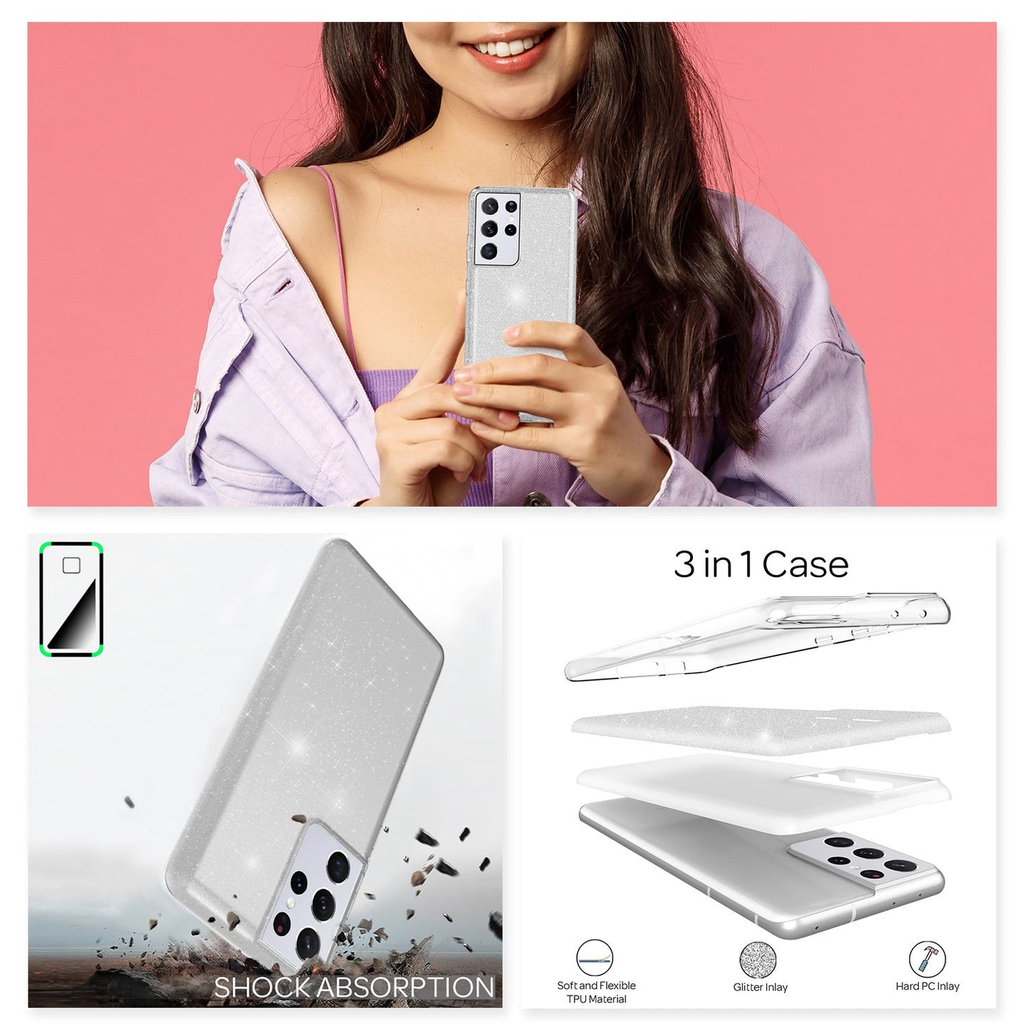 NALIA Glitzerhülle für Samsung Galaxy S21 Ultra – Funkelnder Glitzer-Look & Grip – SHINEPOP (Silikon Case) – Marke aus Berlin