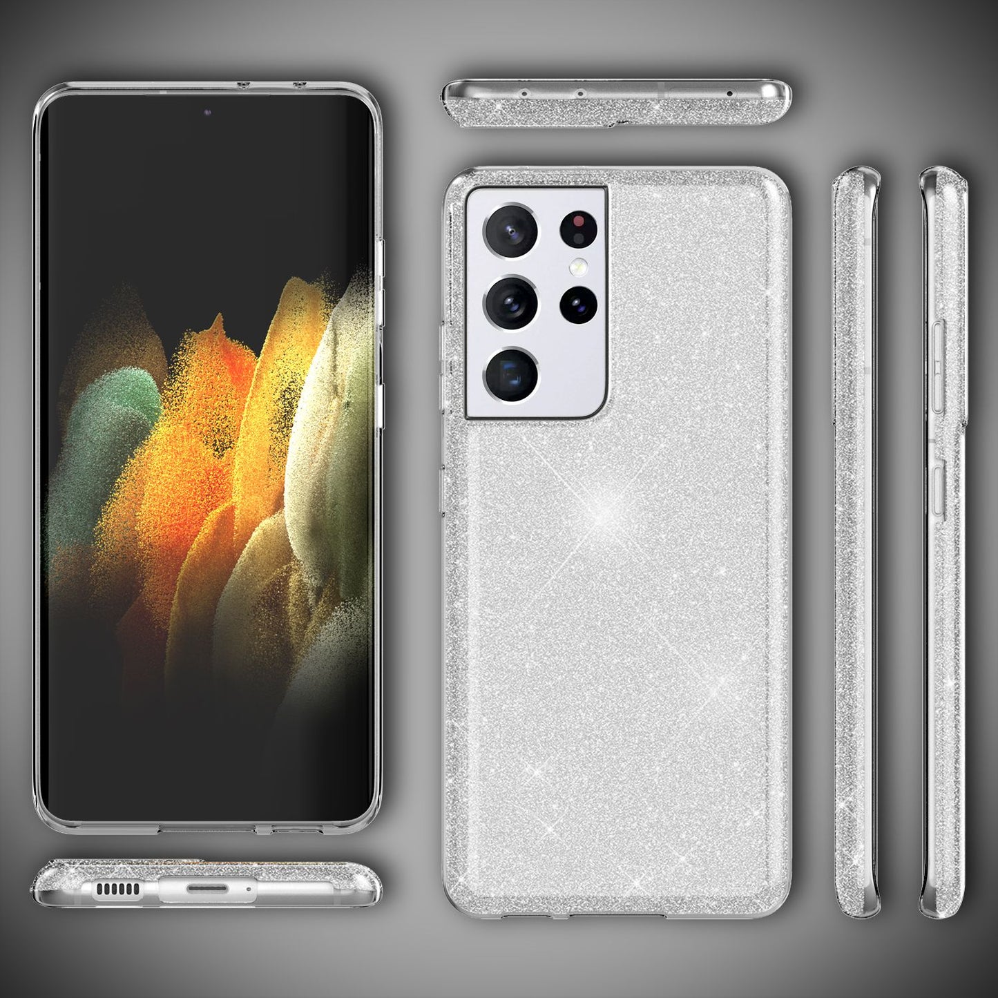 NALIA Glitzerhülle für Samsung Galaxy S21 Ultra – Funkelnder Glitzer-Look & Grip – SHINEPOP (Silikon Case) – Marke aus Berlin