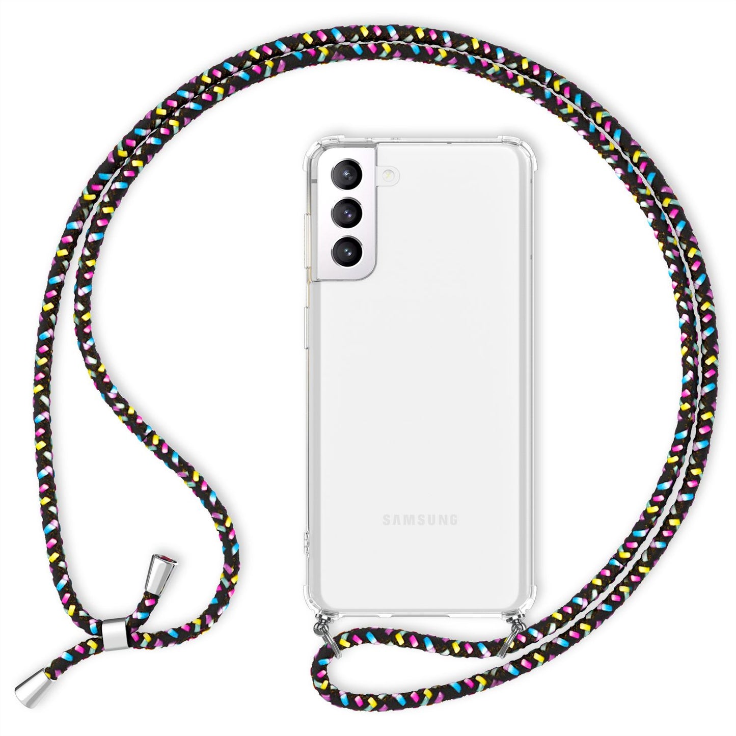 NALIA Handykette für Samsung Galaxy S21 – Transparentes Hybrid-Case & Band – HANGIT (Anti-Gelb Rückseite & Verstellbar) – Marke aus Berlin