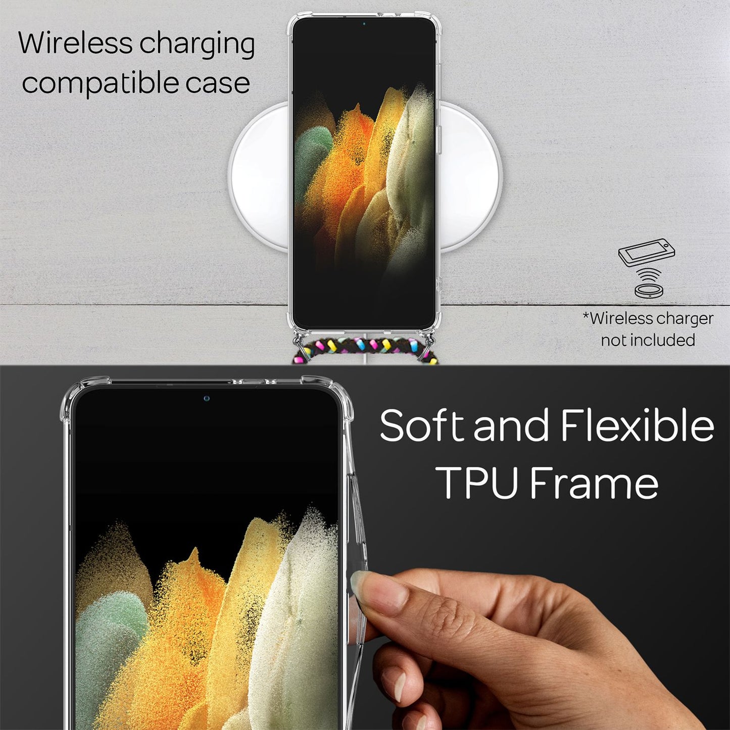 NALIA Handykette für Samsung Galaxy S21 – Transparentes Hybrid-Case & Band – HANGIT (Anti-Gelb Rückseite & Verstellbar) – Marke aus Berlin