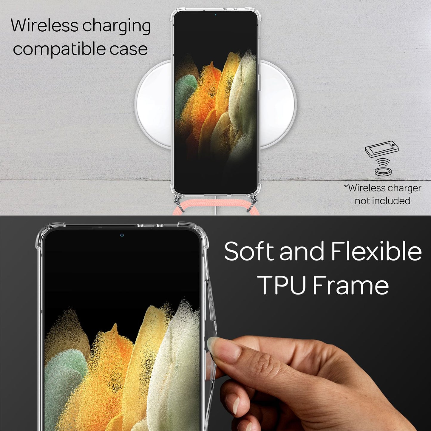 NALIA Handykette für Samsung Galaxy S21 – Transparentes Hybrid-Case & Band – HANGIT (Anti-Gelb Rückseite & Verstellbar) – Marke aus Berlin