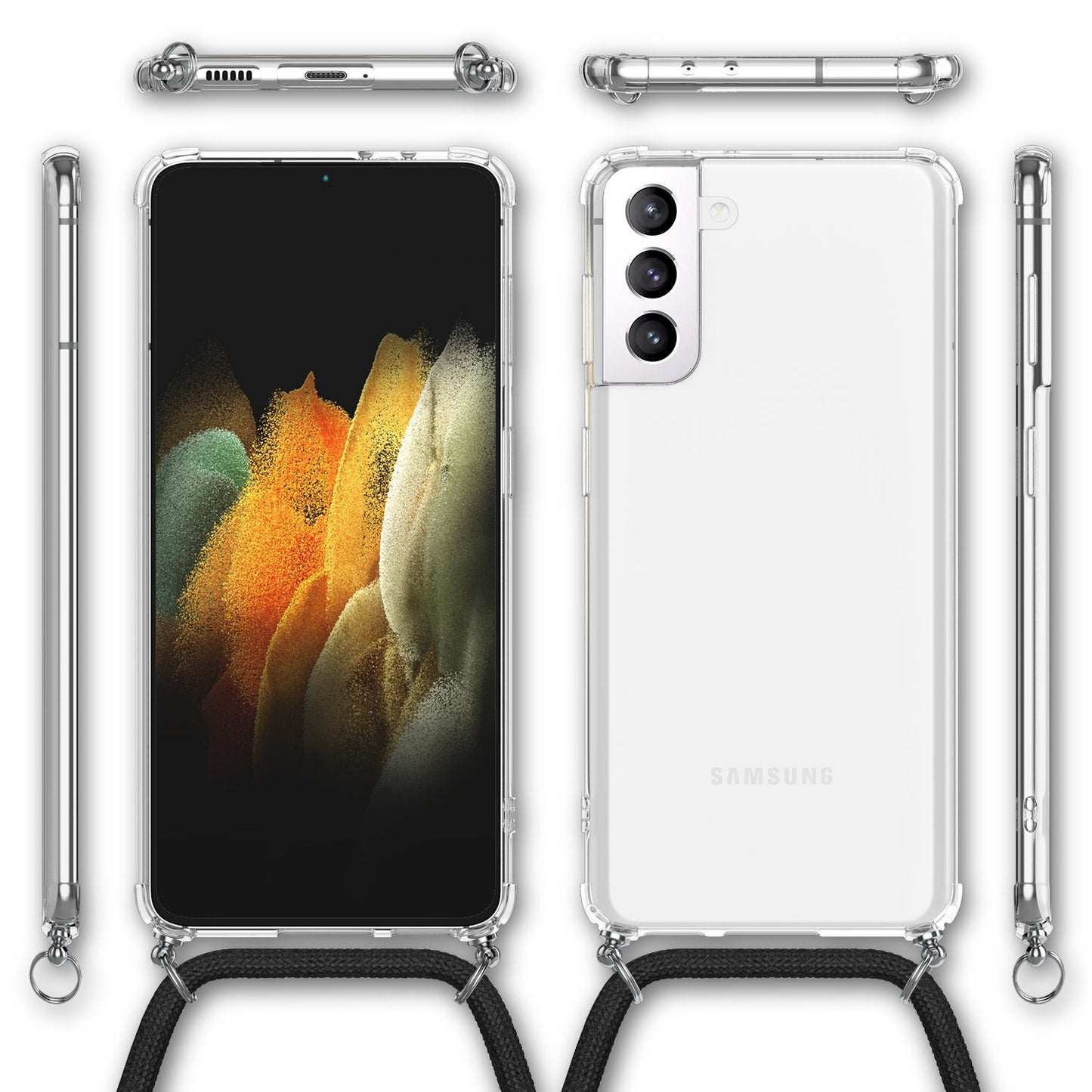 NALIA Handykette für Samsung Galaxy S21 – Transparentes Hybrid-Case & Band – HANGIT (Anti-Gelb Rückseite & Verstellbar) – Marke aus Berlin