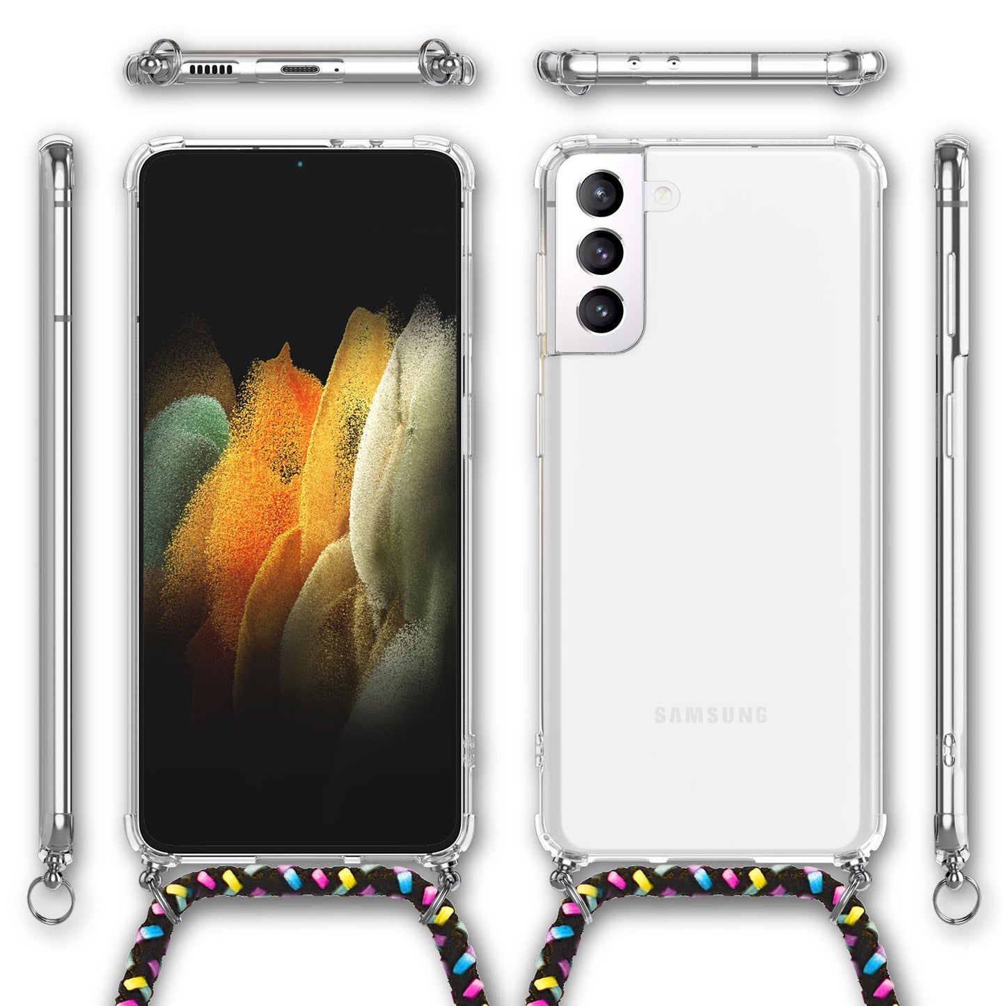 NALIA Handykette für Samsung Galaxy S21 – Transparentes Hybrid-Case & Band – HANGIT (Anti-Gelb Rückseite & Verstellbar) – Marke aus Berlin