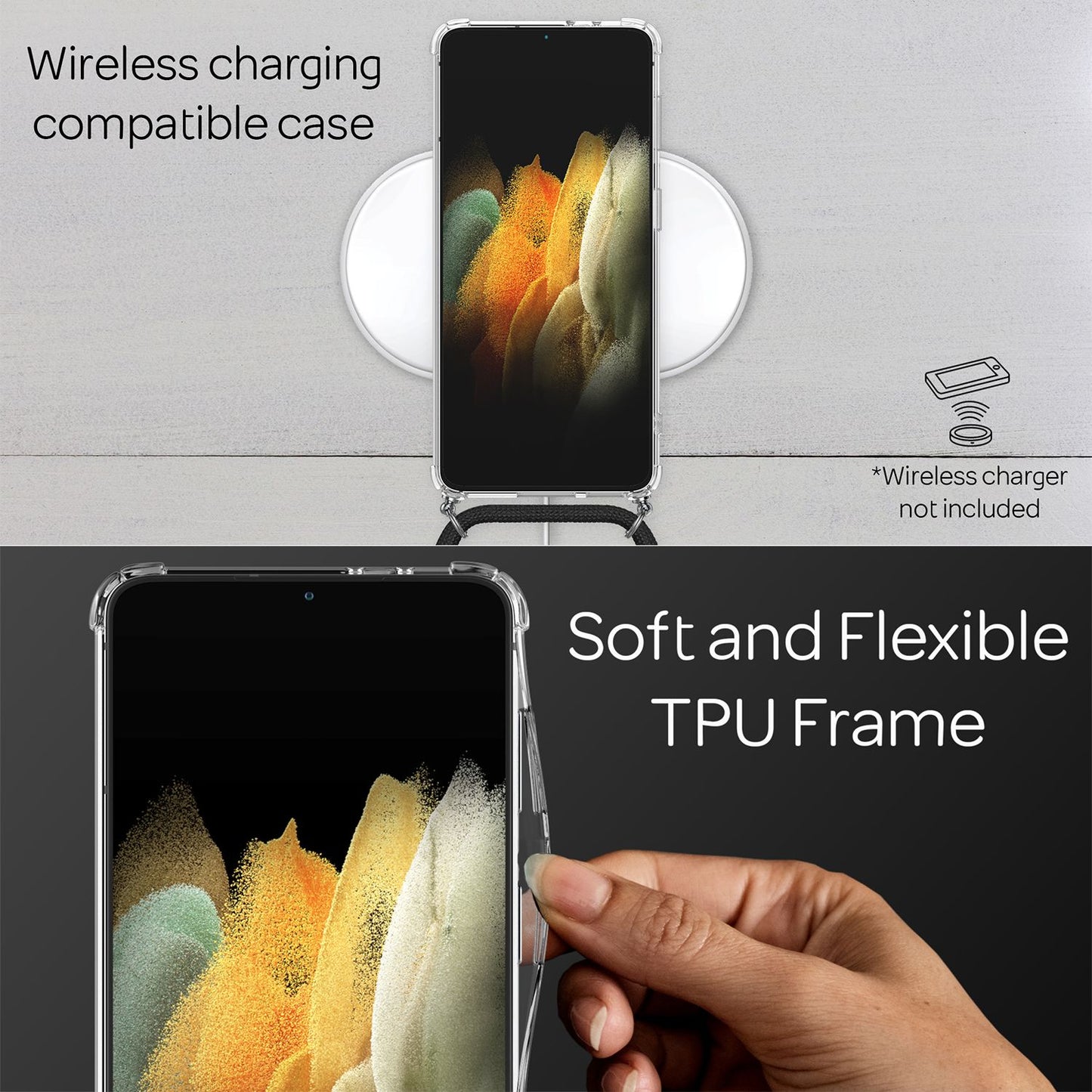 NALIA Handykette für Samsung Galaxy S21 Plus – Transparentes Hybrid-Case & Band – HANGIT (Anti-Gelb Rückseite & Verstellbar) – Marke aus Berlin