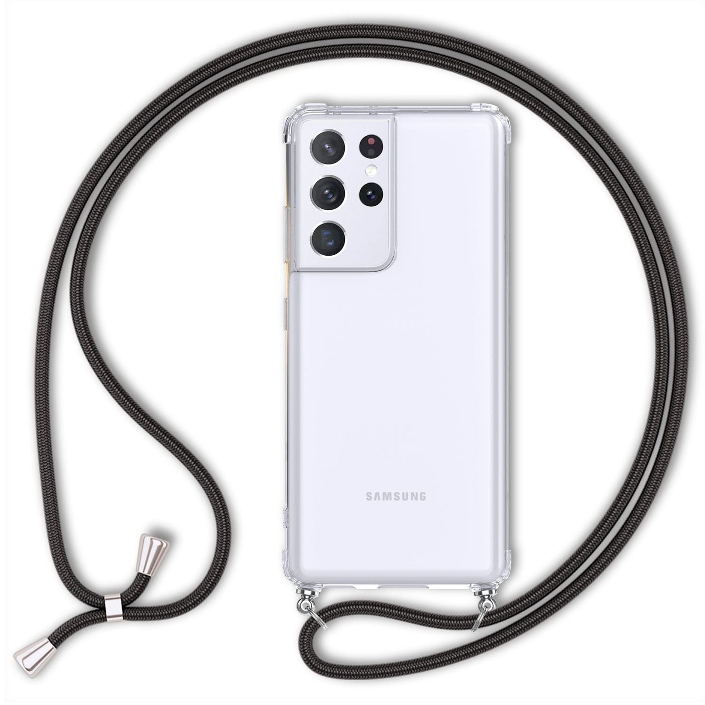 NALIA Handykette für Samsung Galaxy S21 Ultra – Transparentes Hybrid-Case & Band – HANGIT (Anti-Gelb Rückseite & Verstellbar) – Marke aus Berlin