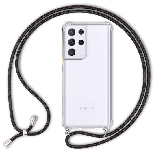 NALIA Handykette für Samsung Galaxy S21 Ultra – Transparentes Hybrid-Case & Band – HANGIT (Anti-Gelb Rückseite & Verstellbar) – Marke aus Berlin