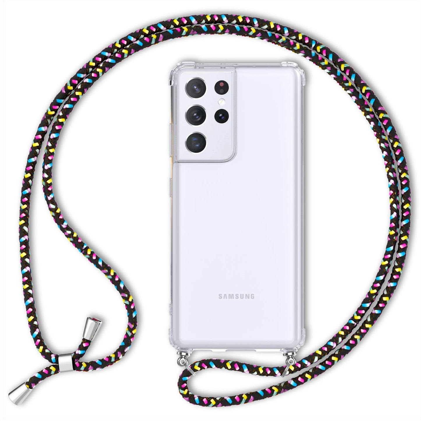 NALIA Handykette für Samsung Galaxy S21 Ultra – Transparentes Hybrid-Case & Band – HANGIT (Anti-Gelb Rückseite & Verstellbar) – Marke aus Berlin