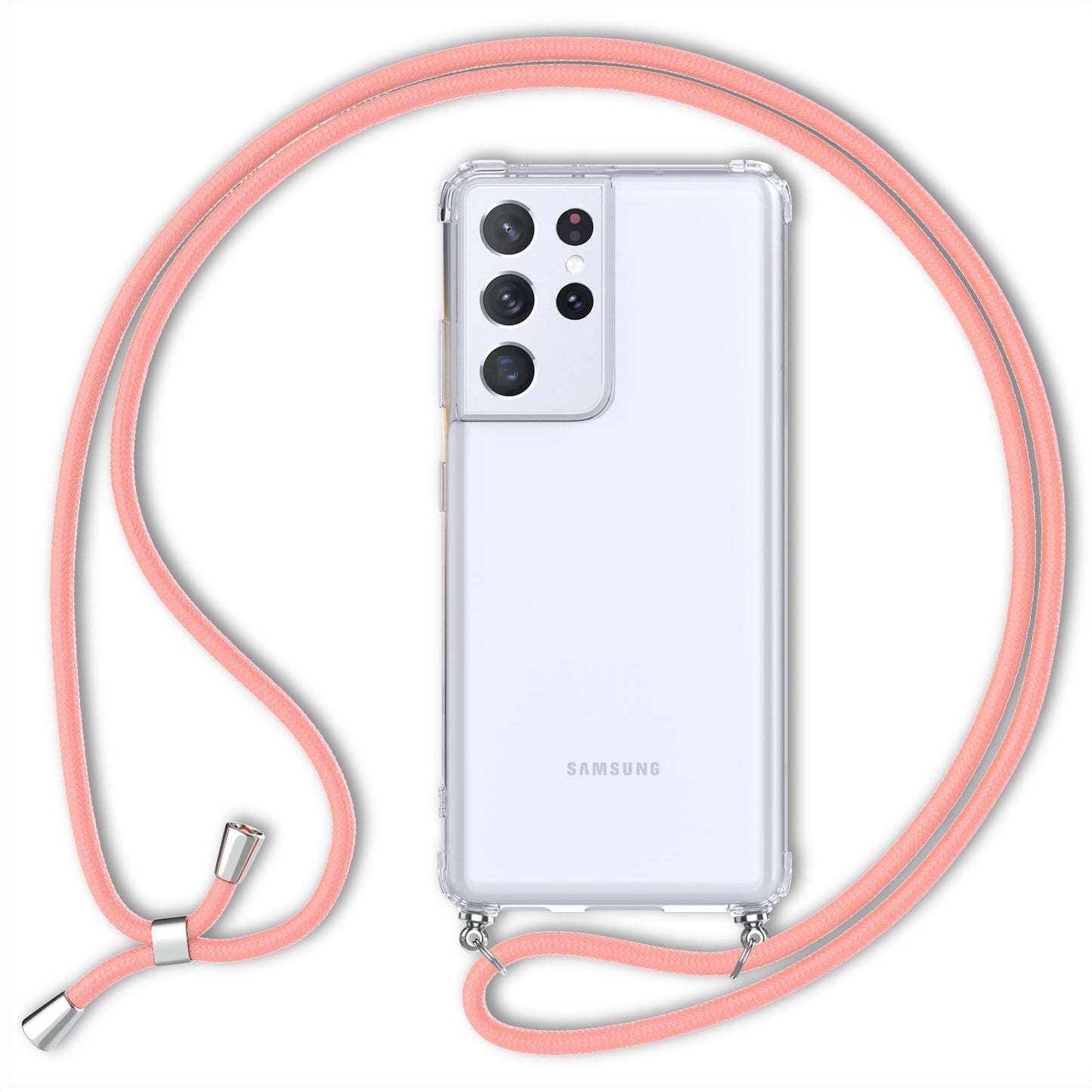 NALIA Handykette für Samsung Galaxy S21 Ultra – Transparentes Hybrid-Case & Band – HANGIT (Anti-Gelb Rückseite & Verstellbar) – Marke aus Berlin