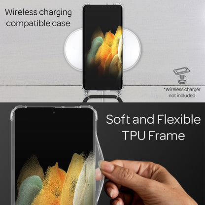 NALIA Handykette für Samsung Galaxy S21 Ultra – Transparentes Hybrid-Case & Band – HANGIT (Anti-Gelb Rückseite & Verstellbar) – Marke aus Berlin