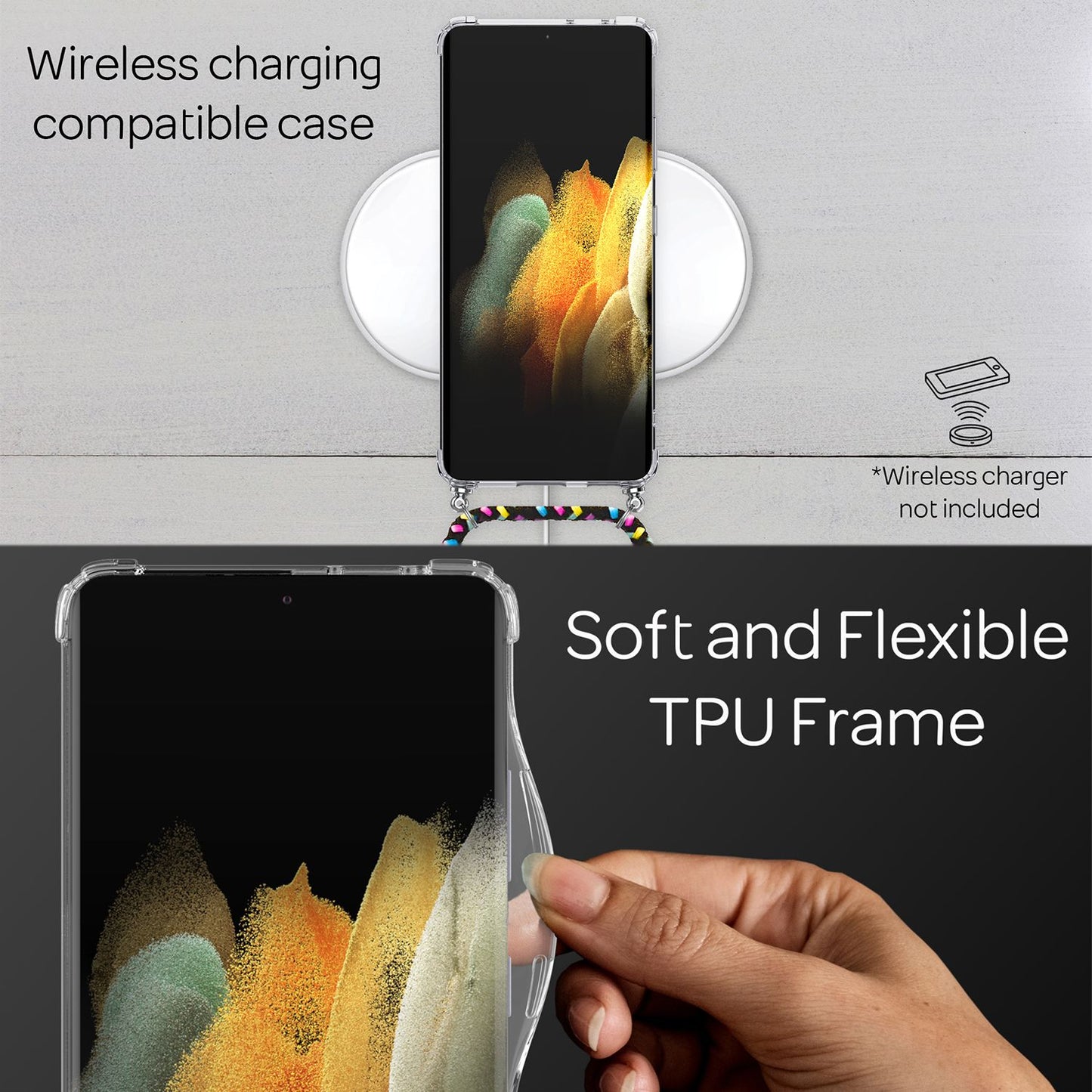 NALIA Handykette für Samsung Galaxy S21 Ultra – Transparentes Hybrid-Case & Band – HANGIT (Anti-Gelb Rückseite & Verstellbar) – Marke aus Berlin