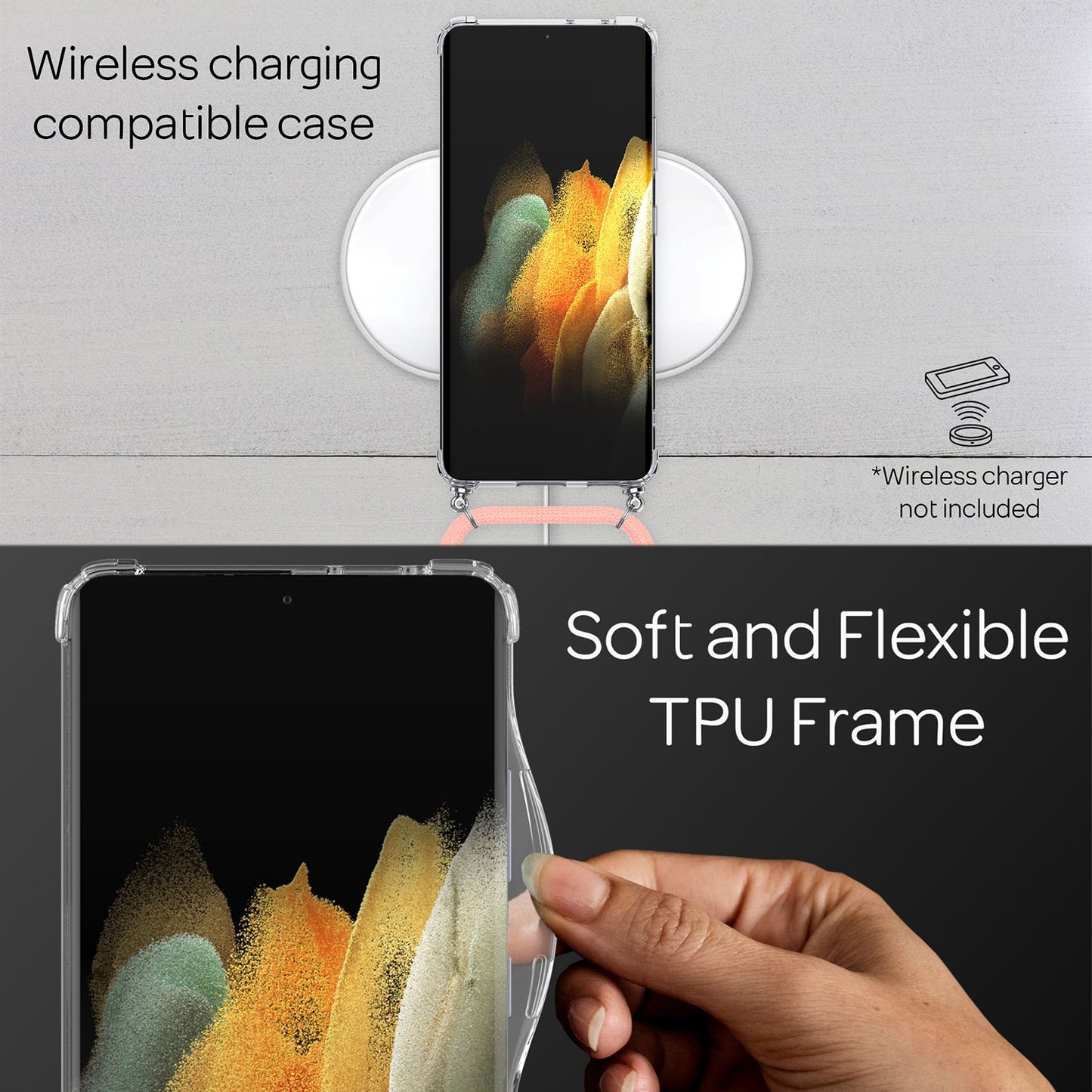 NALIA Handykette für Samsung Galaxy S21 Ultra – Transparentes Hybrid-Case & Band – HANGIT (Anti-Gelb Rückseite & Verstellbar) – Marke aus Berlin