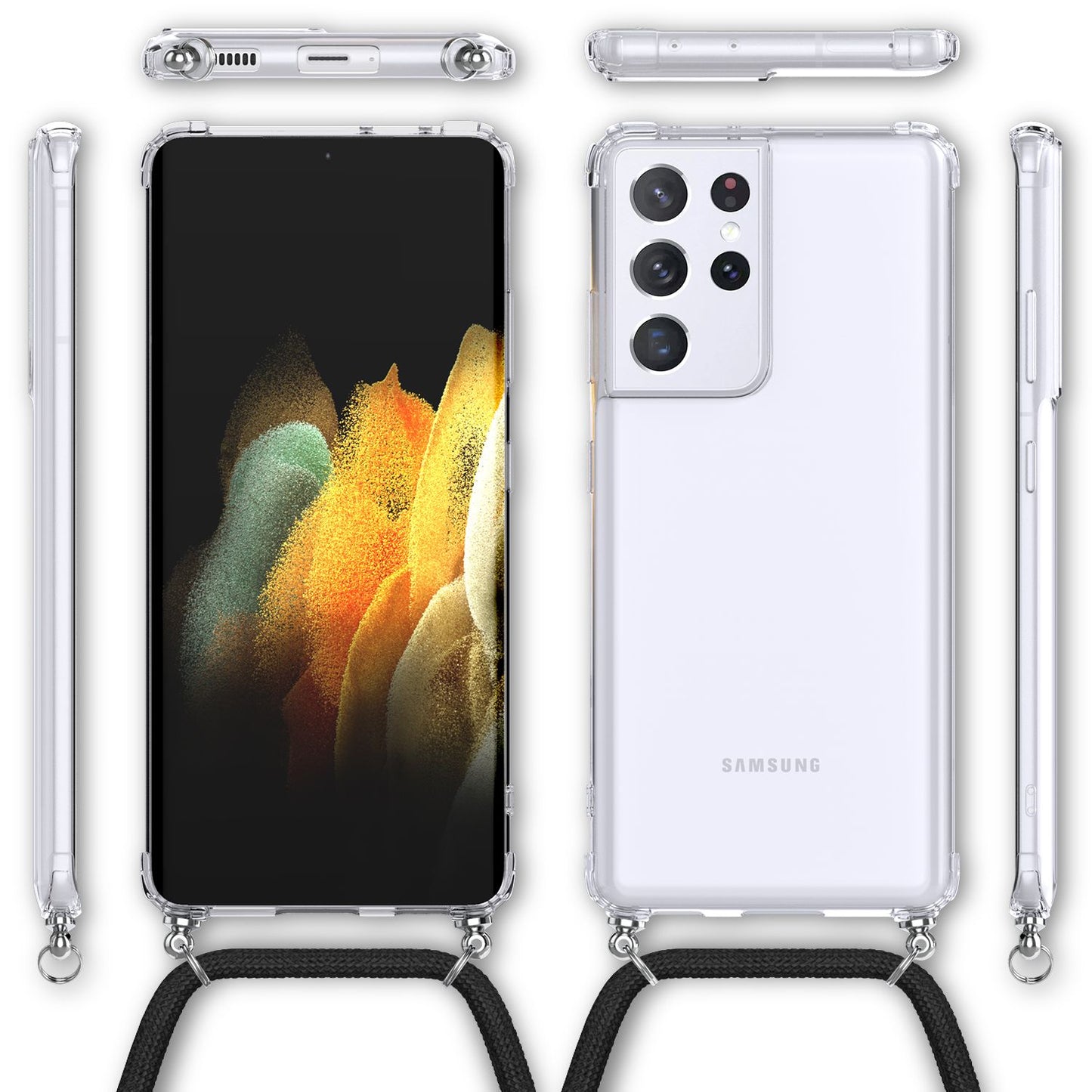 NALIA Handykette für Samsung Galaxy S21 Ultra – Transparentes Hybrid-Case & Band – HANGIT (Anti-Gelb Rückseite & Verstellbar) – Marke aus Berlin