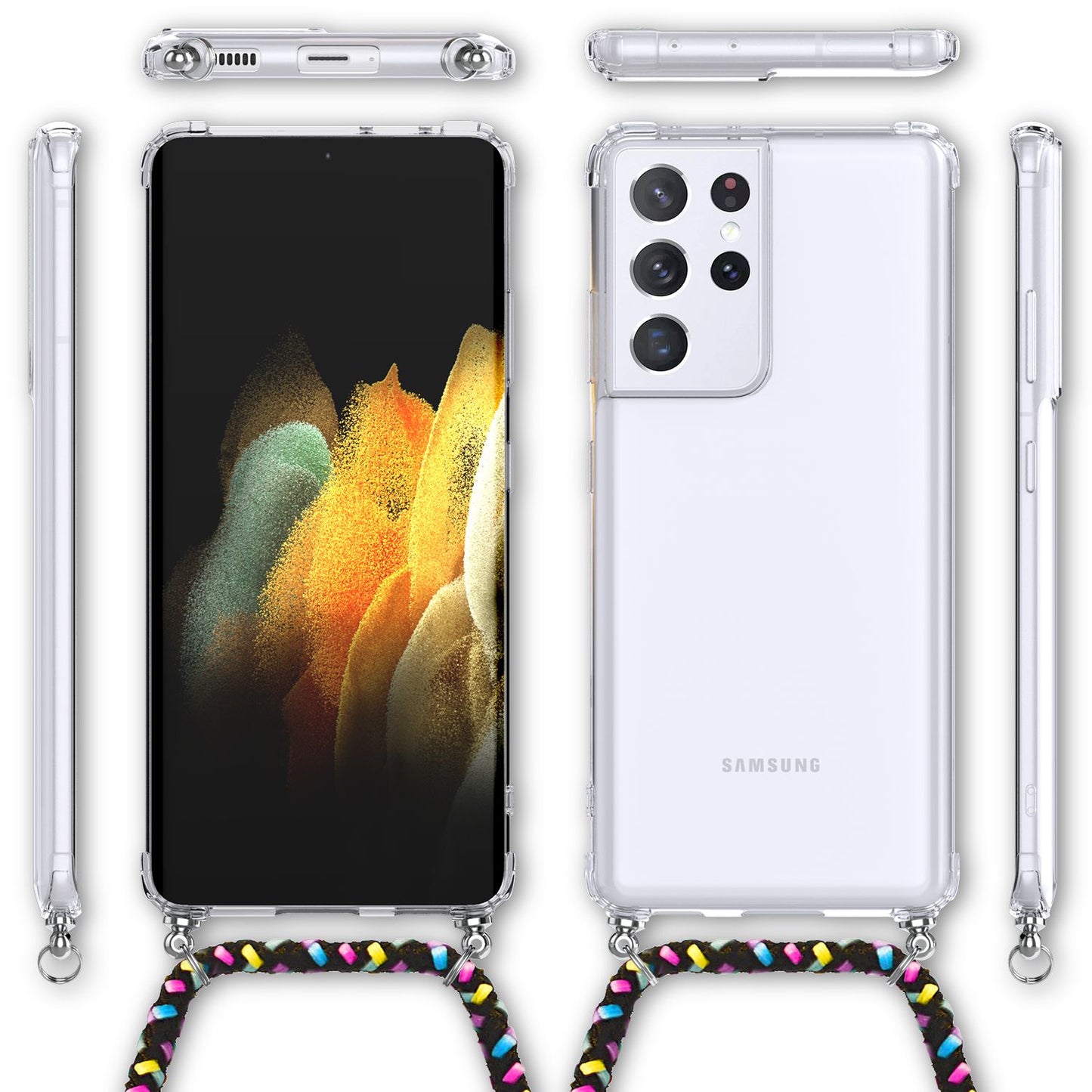 NALIA Handykette für Samsung Galaxy S21 Ultra – Transparentes Hybrid-Case & Band – HANGIT (Anti-Gelb Rückseite & Verstellbar) – Marke aus Berlin