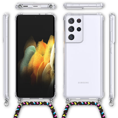 NALIA Handykette für Samsung Galaxy S21 Ultra – Transparentes Hybrid-Case & Band – HANGIT (Anti-Gelb Rückseite & Verstellbar) – Marke aus Berlin