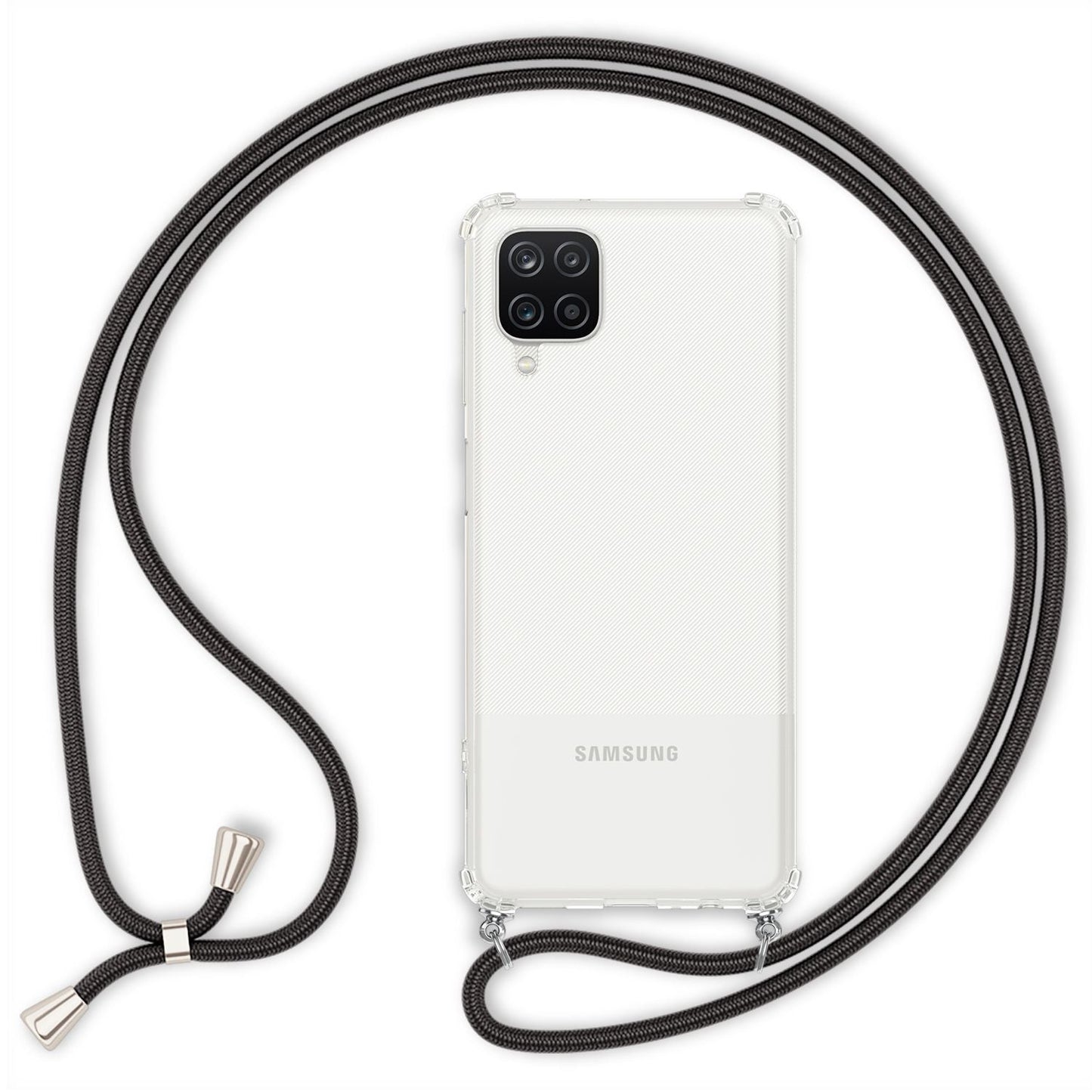 NALIA Handykette für Samsung Galaxy A12 – Transparentes Hybrid-Case & Band – HANGIT (Anti-Gelb Rückseite & Verstellbar) – Marke aus Berlin