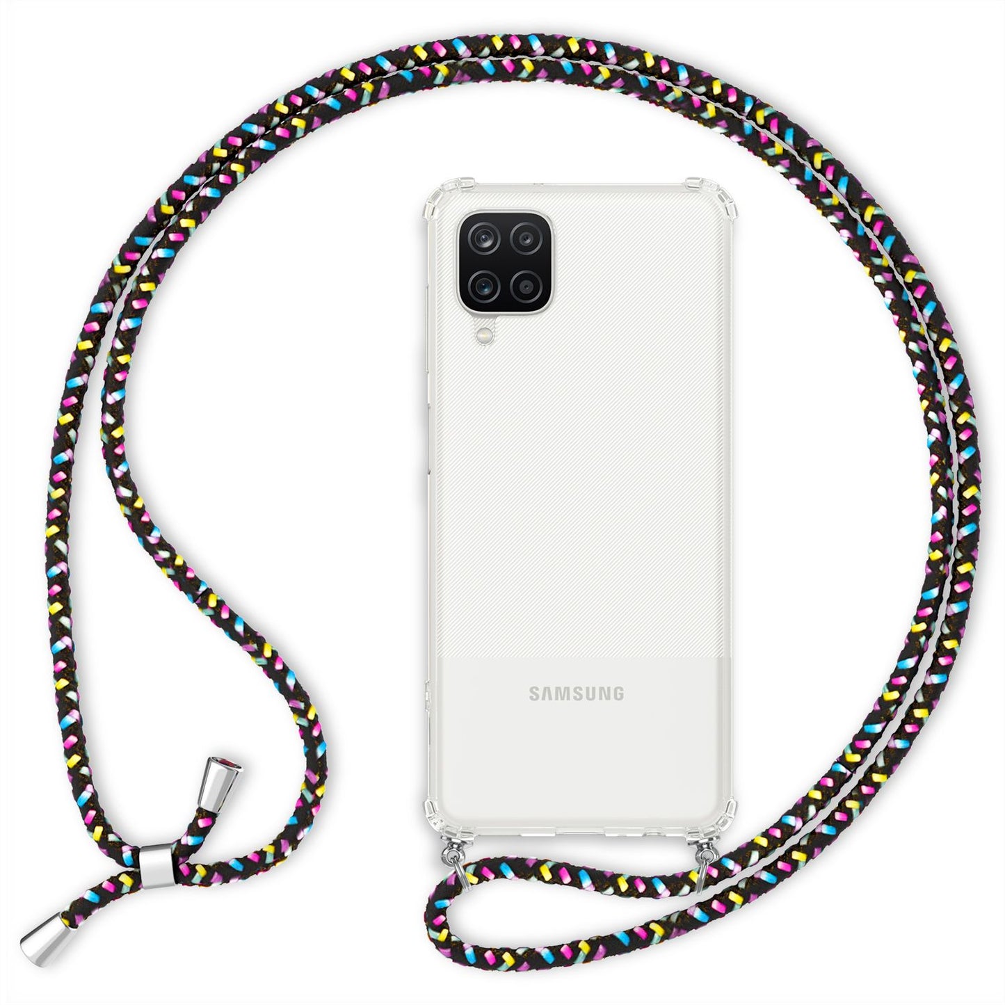 NALIA Handykette für Samsung Galaxy A12 – Transparentes Hybrid-Case & Band – HANGIT (Anti-Gelb Rückseite & Verstellbar) – Marke aus Berlin