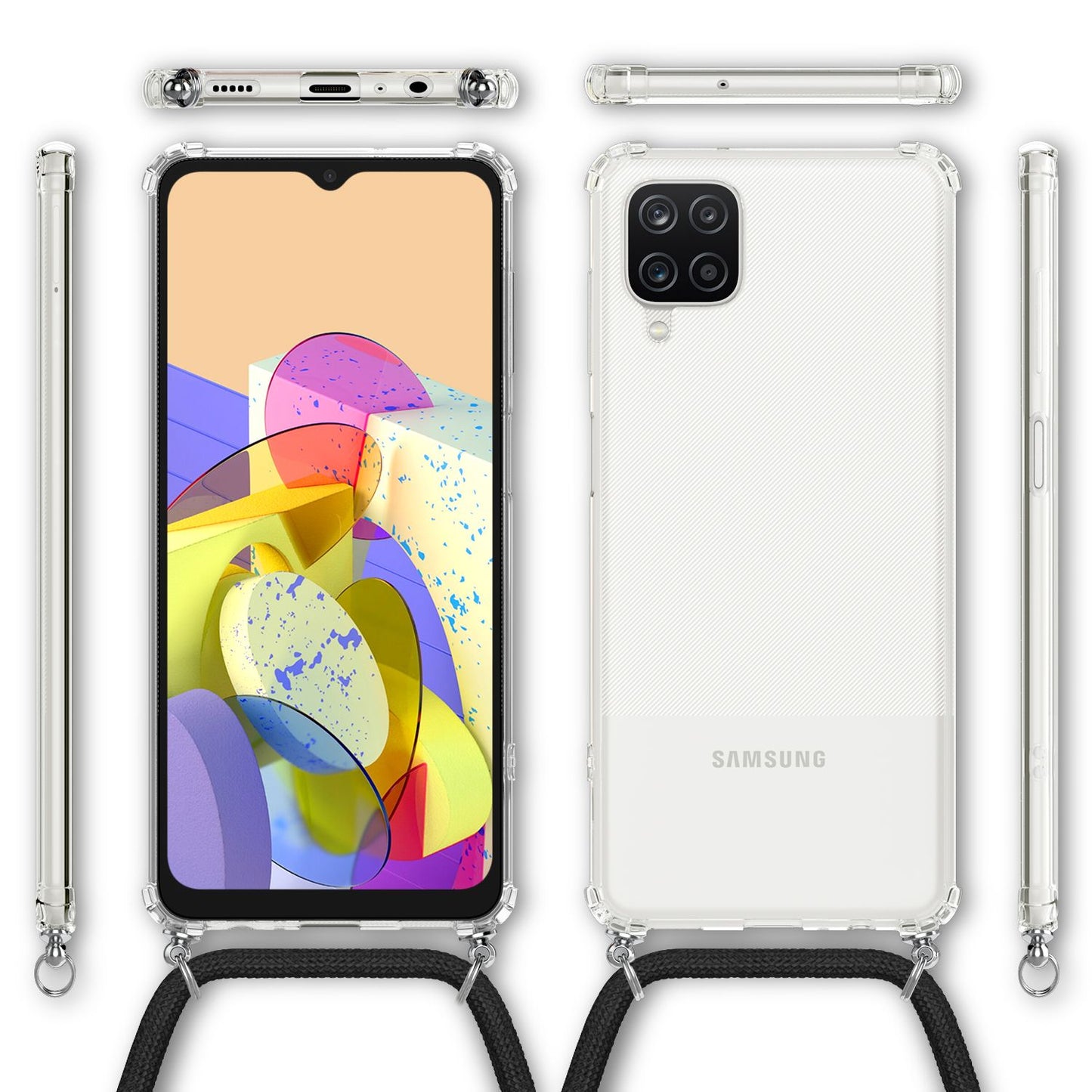 NALIA Handykette für Samsung Galaxy A12 – Transparentes Hybrid-Case & Band – HANGIT (Anti-Gelb Rückseite & Verstellbar) – Marke aus Berlin