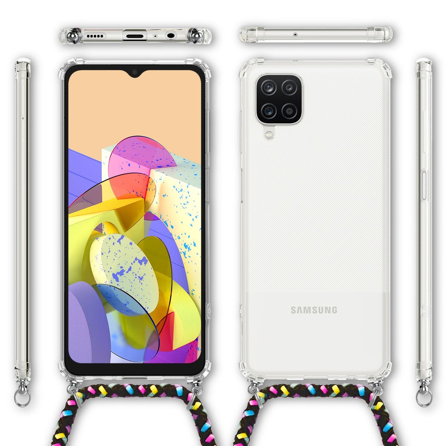 NALIA Handykette für Samsung Galaxy A12 – Transparentes Hybrid-Case & Band – HANGIT (Anti-Gelb Rückseite & Verstellbar) – Marke aus Berlin