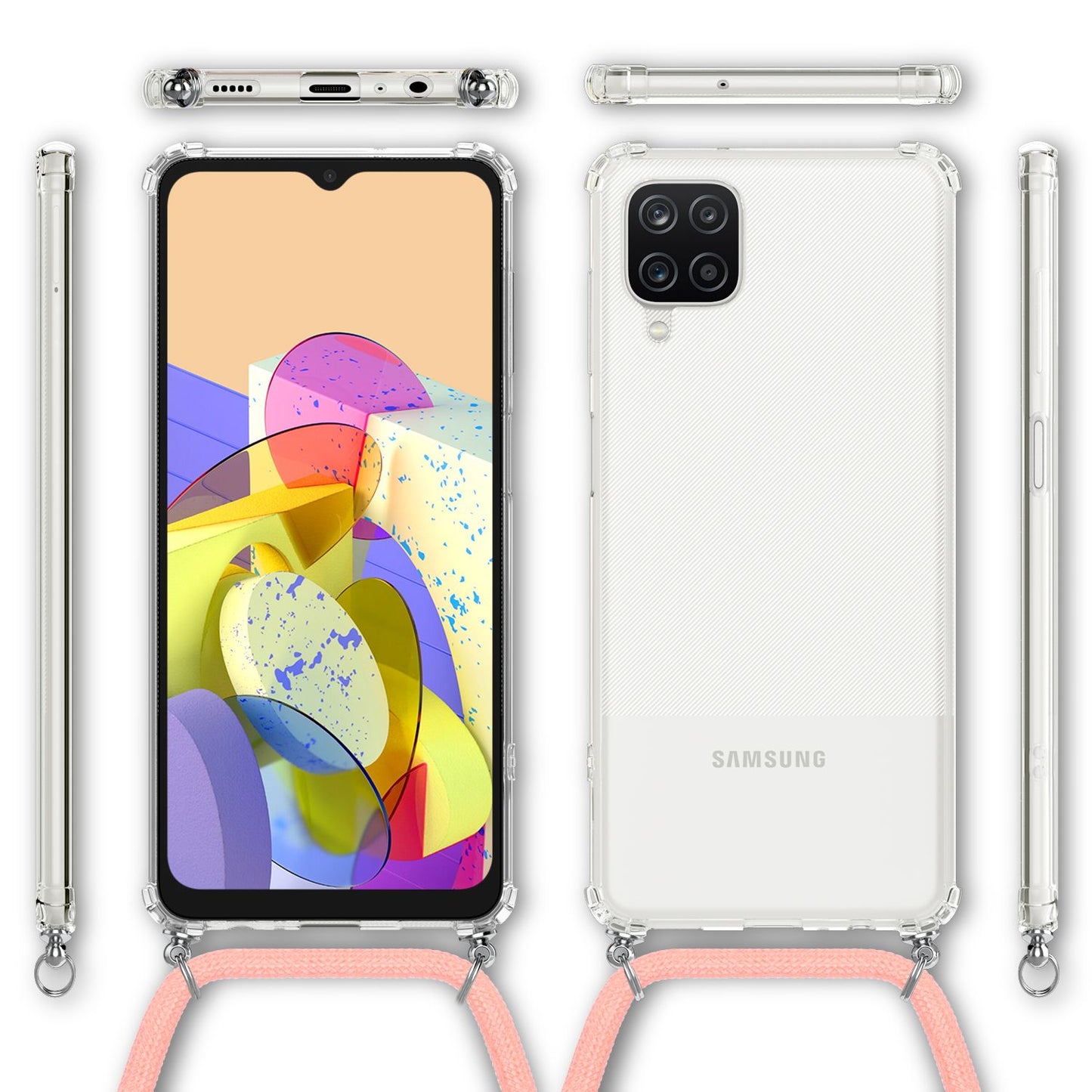 NALIA Handykette für Samsung Galaxy A12 – Transparentes Hybrid-Case & Band – HANGIT (Anti-Gelb Rückseite & Verstellbar) – Marke aus Berlin