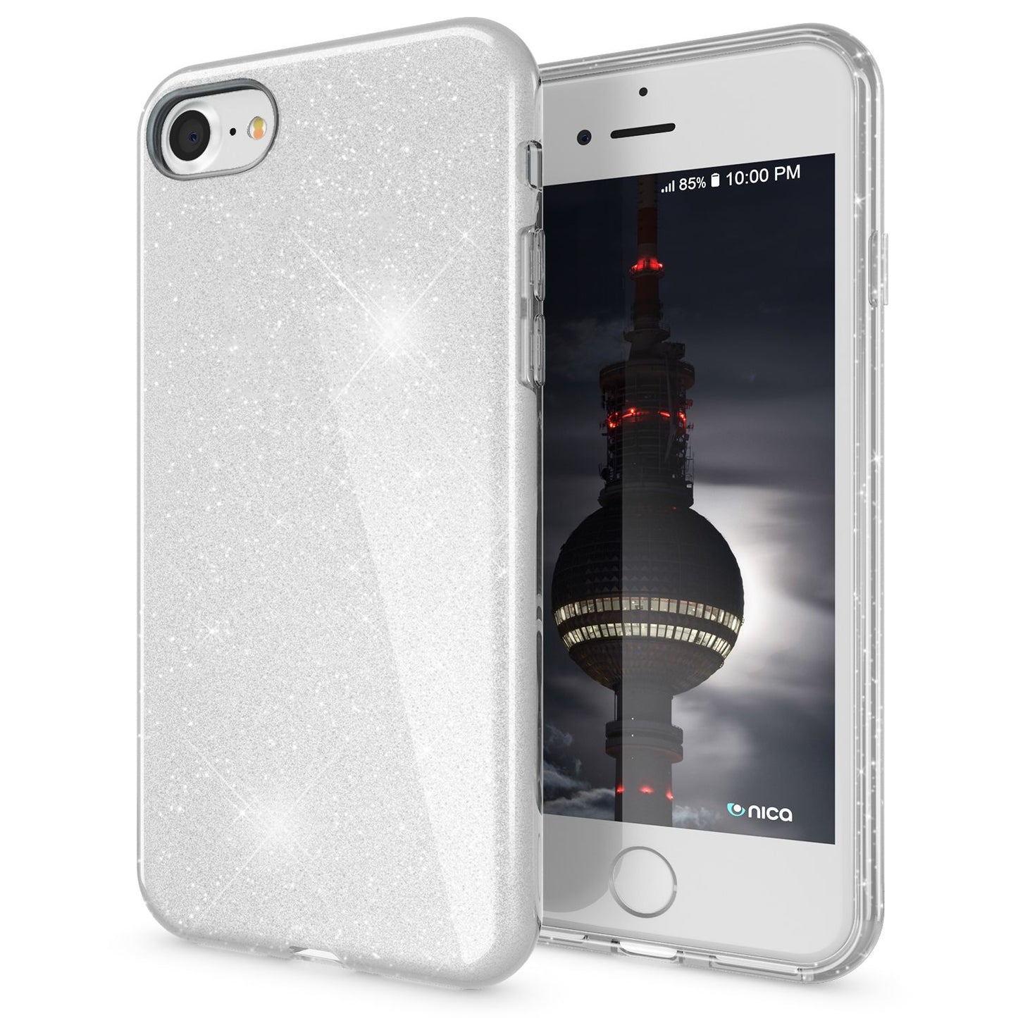 NALIA Glitzerhülle für iPhone 7 / 8 / SE (2020 / 2022) – Funkelnder Glitzer-Look & Grip – SHINEPOP (Silikon Case) – Marke aus Berlin