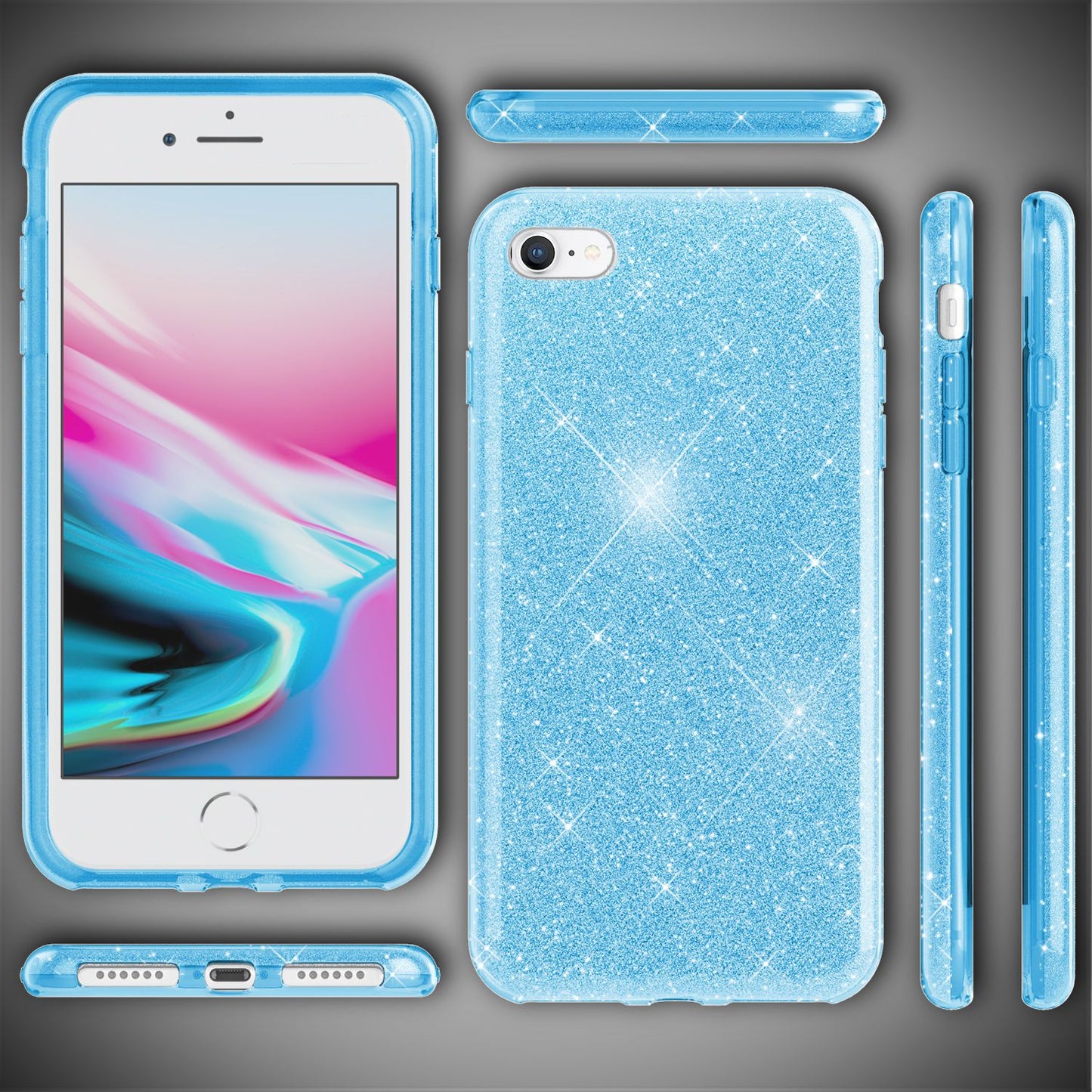 NALIA Glitzerhülle für iPhone 7 / 8 / SE (2020 / 2022) – Funkelnder Glitzer-Look & Grip – SHINEPOP (Silikon Case) – Marke aus Berlin