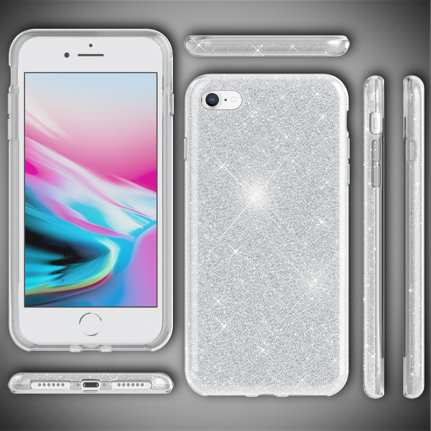 NALIA Glitzerhülle für iPhone 7 / 8 / SE (2020 / 2022) – Funkelnder Glitzer-Look & Grip – SHINEPOP (Silikon Case) – Marke aus Berlin