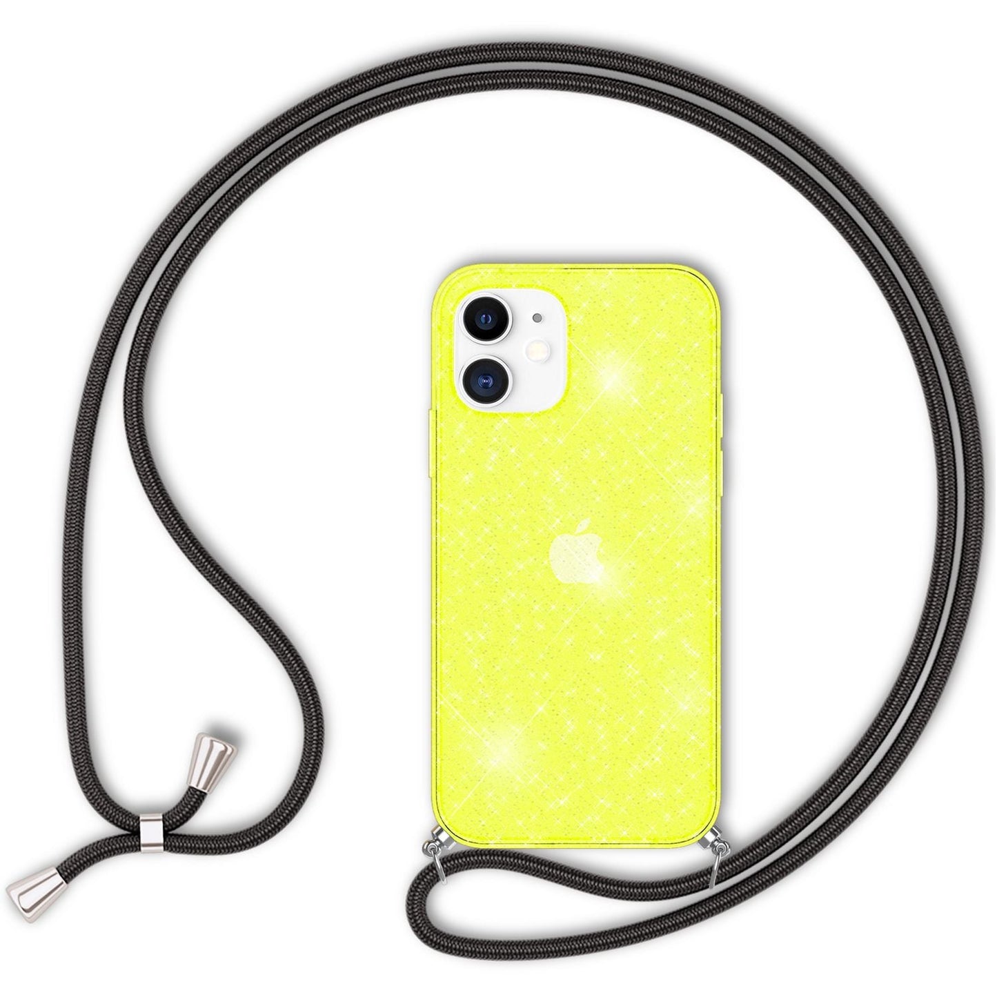 NALIA Handykette mit Neon Glitzerhülle für iPhone 12 Mini – Durchsichtig & Funkelnd – HANGIT SPARK (Transparentes Silikon Case zum Umhängen) – Marke aus Berlin